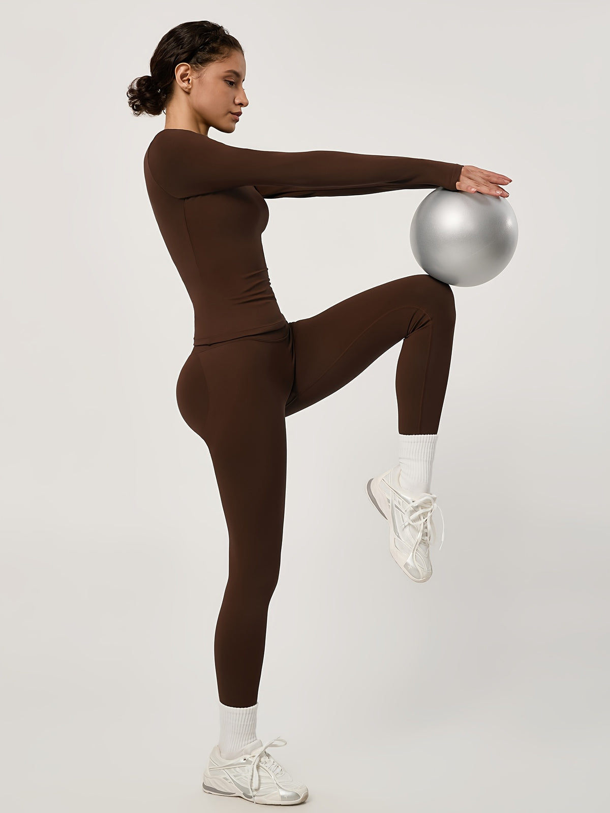 Long Sleeve Top & Seamless Leggings Set - Mocha Brown