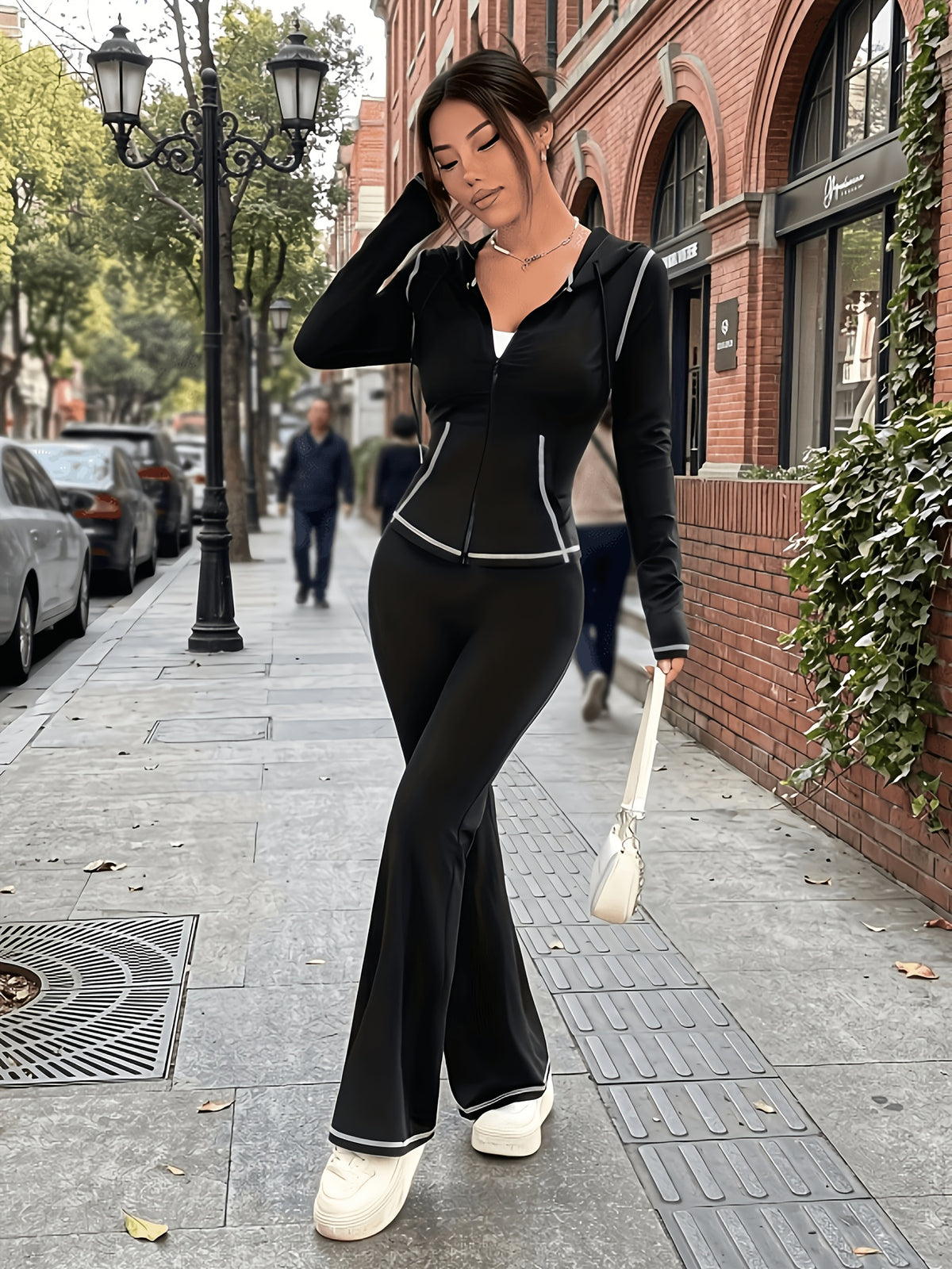 Hooded Zip Top & Flare Pants Set - Black