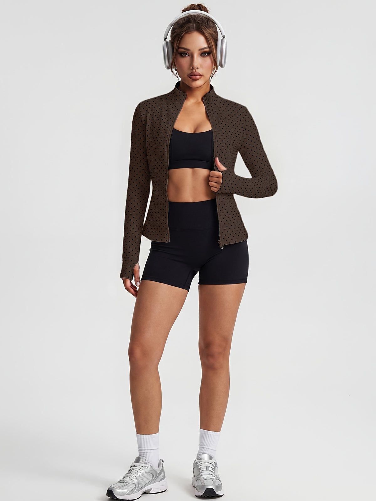 Pin Dot Stand Collar Zip Jacket - Coffee
