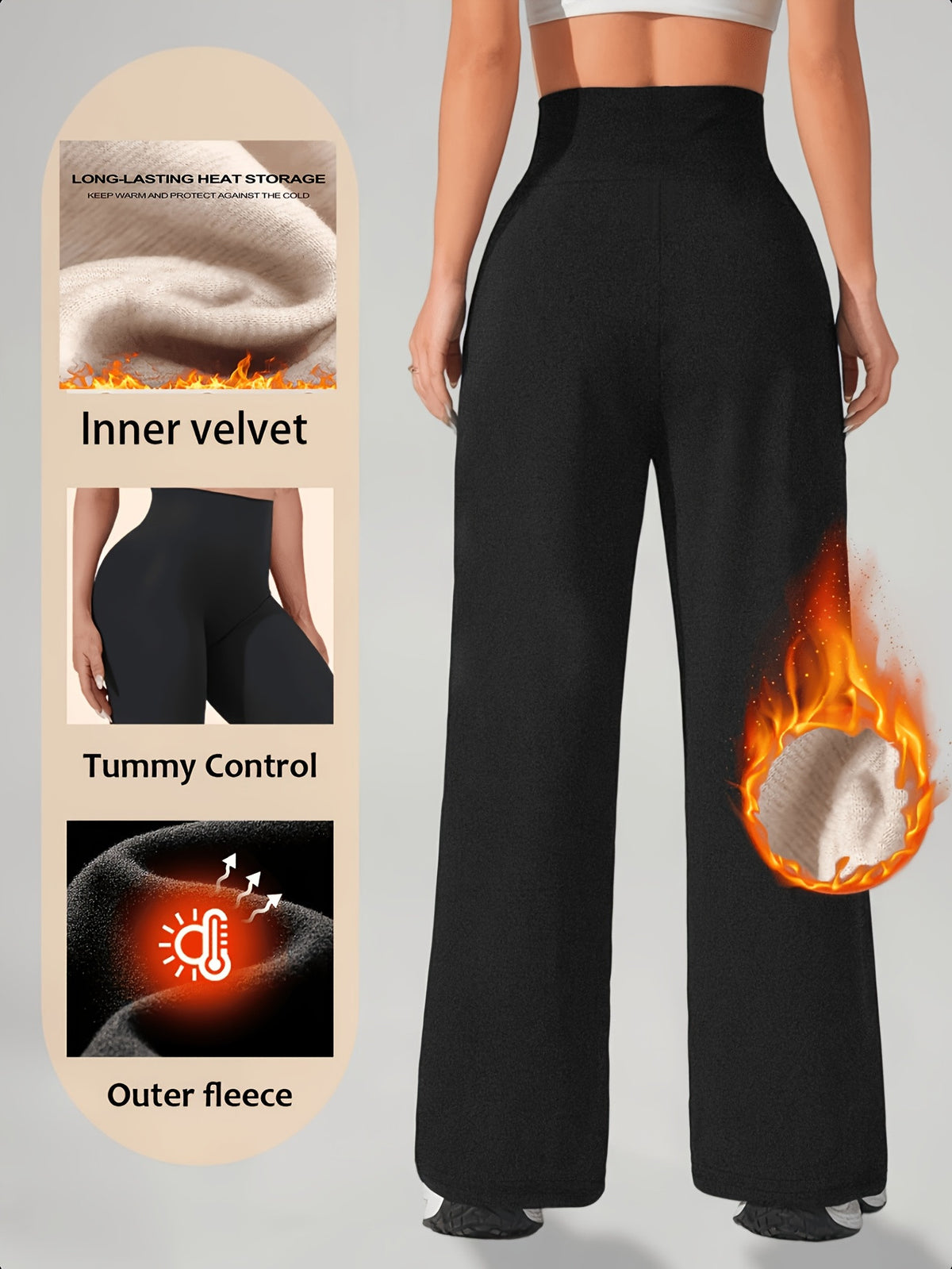 Fleece Lined High Waist Wide Leg Pants - Black