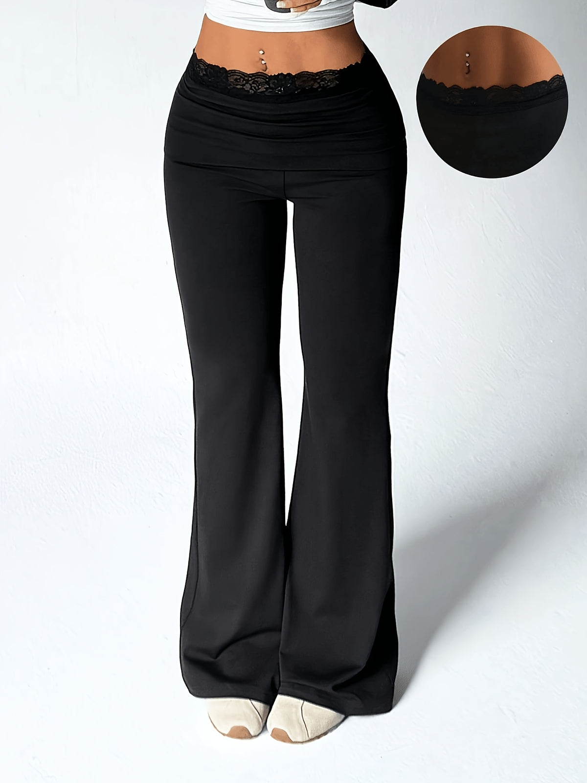 Lace Trim Fold Over Low Rise Flare Pants - Black