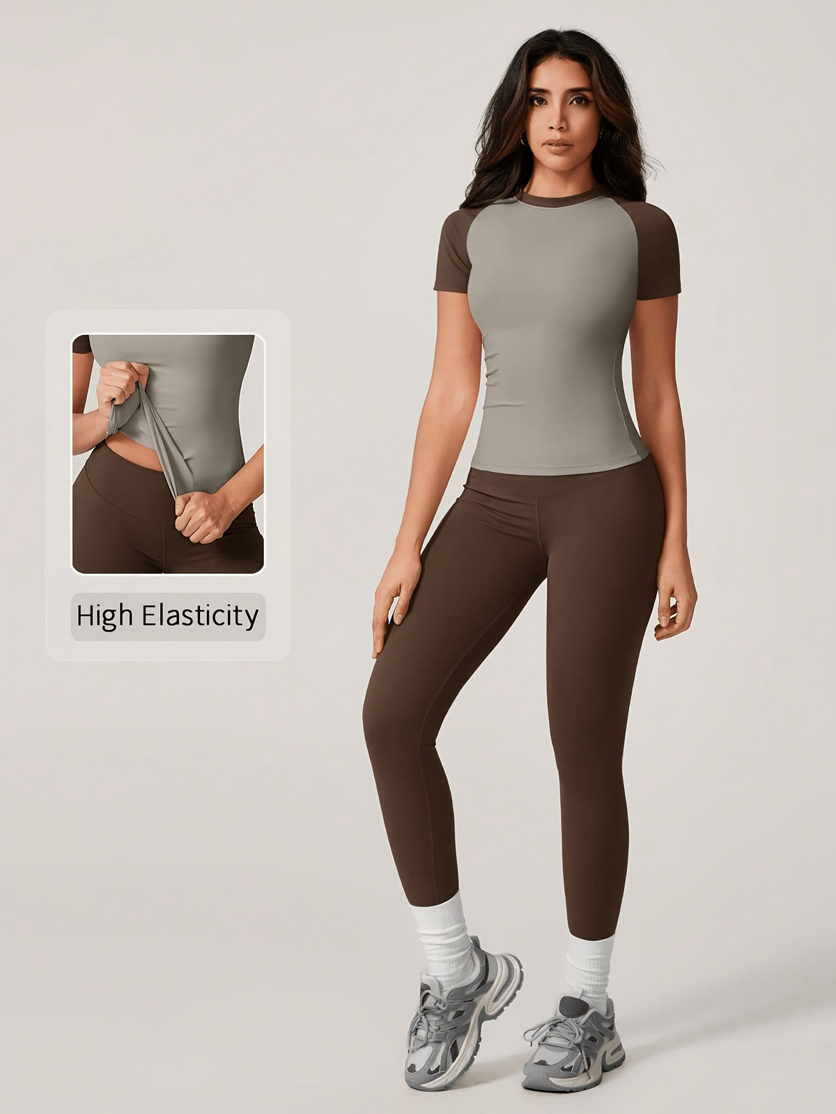 Colour Block Tee & Leggings Set - Coffee & Grey