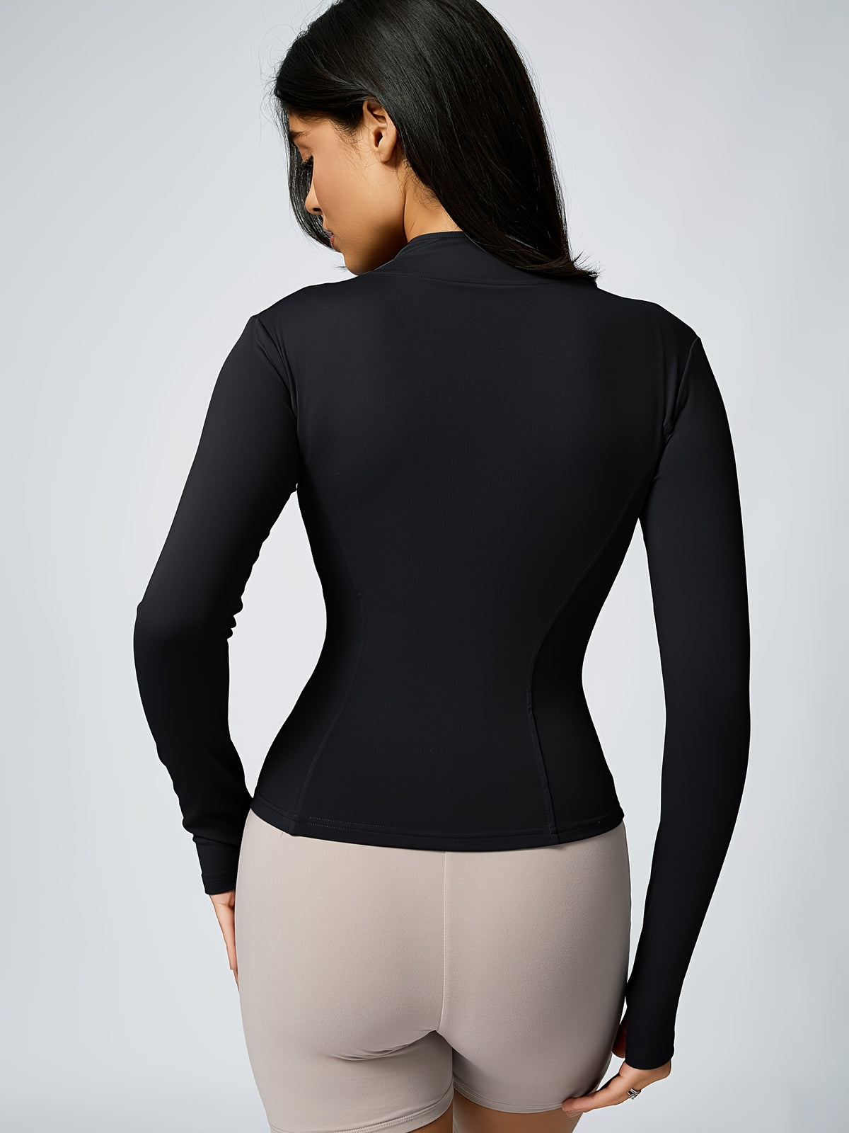 Stand Collar Thumbhole Zip Top - Black