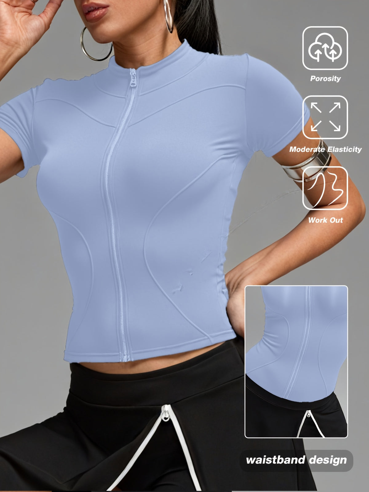 Short Sleeve Cropped Zip Jacket - Light Blue