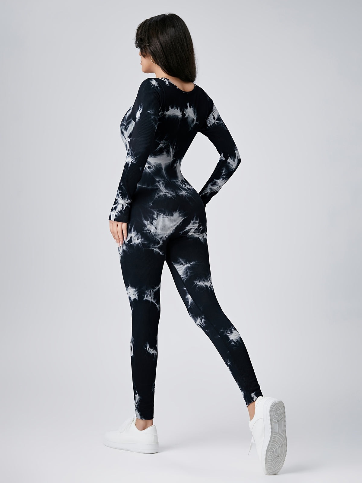 Tie Dye Ribbed Long Sleeve Jumpsuit - Black Tie Dye