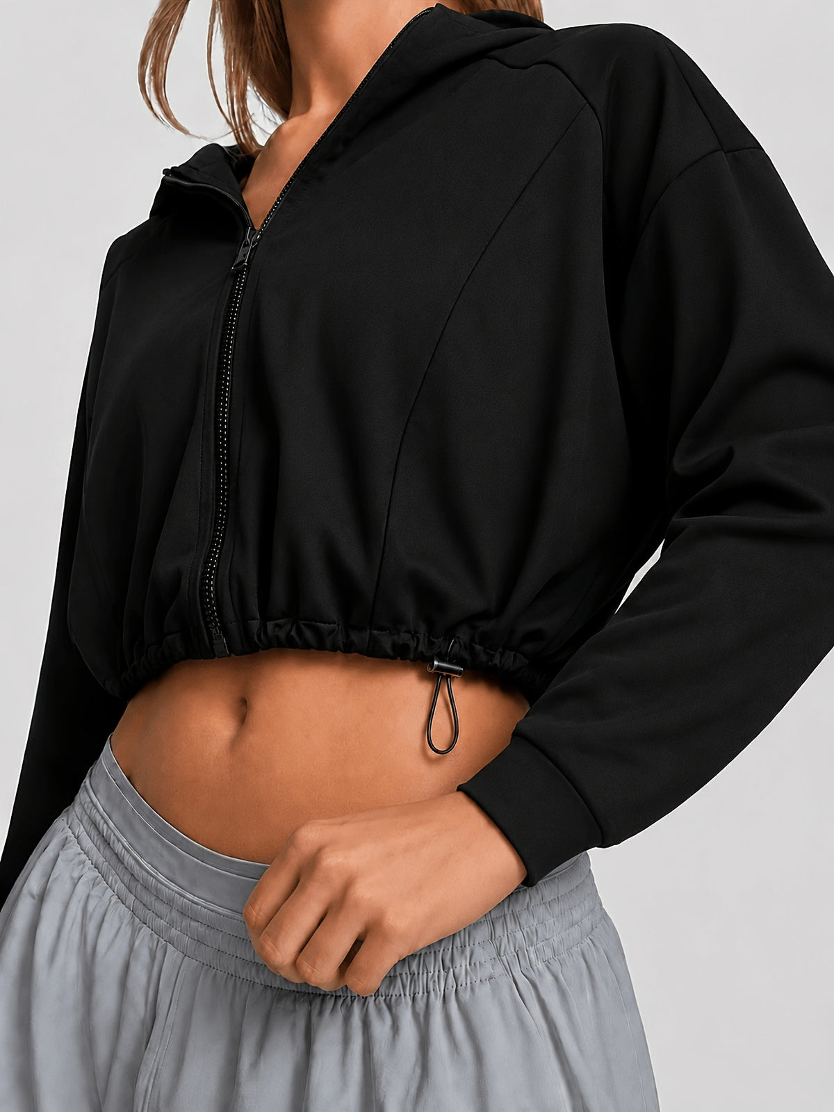 Hooded Drawstring Hem Cropped Jacket - Black