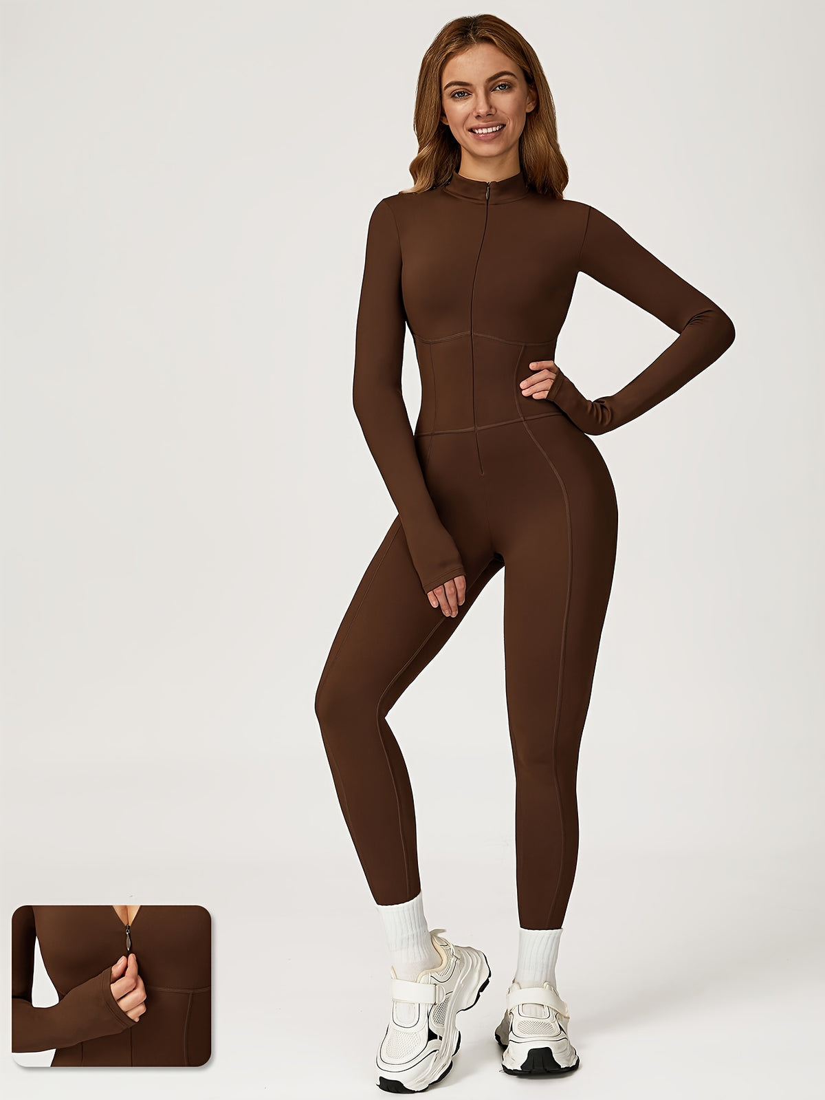 Zip Front Fitted Bodysuit - Coffee