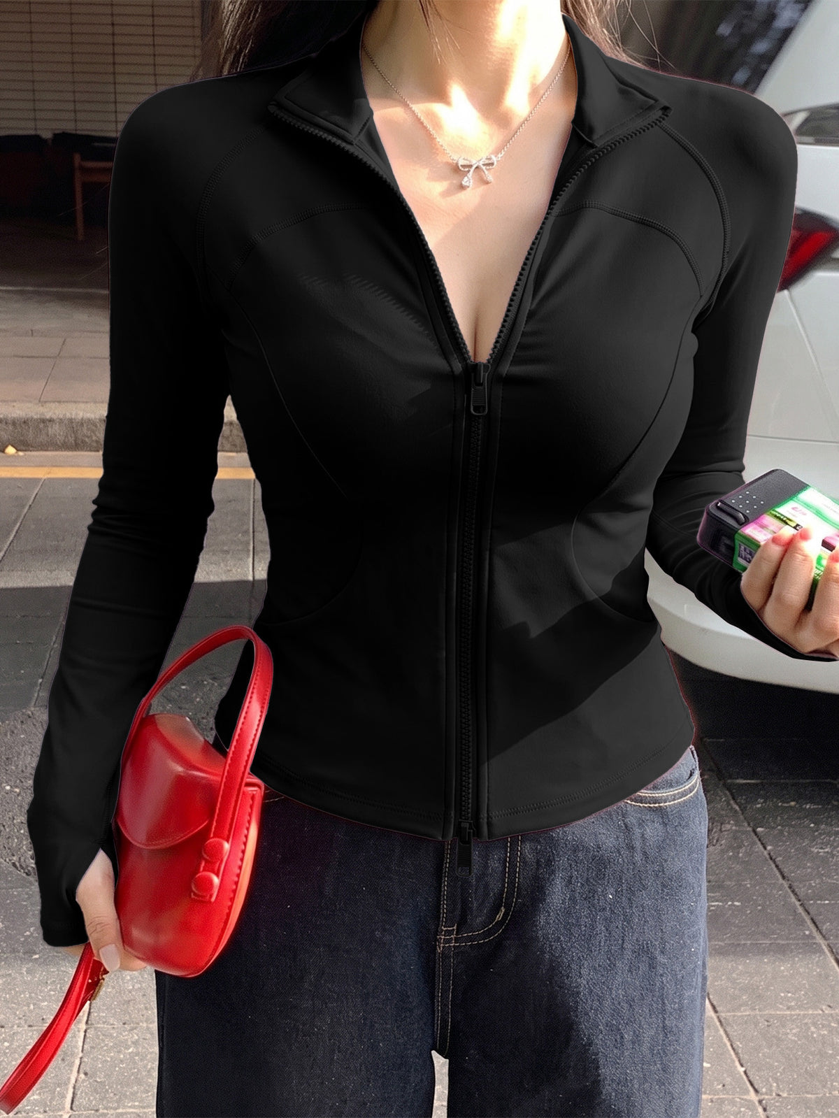 Double Zip Thumb Loop Fitted Jacket - Black