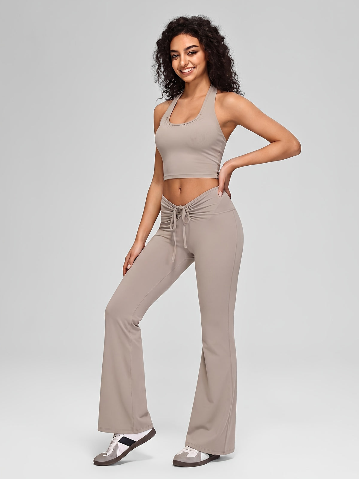 Halter Tank & Drawstring Flare Set - Khaki