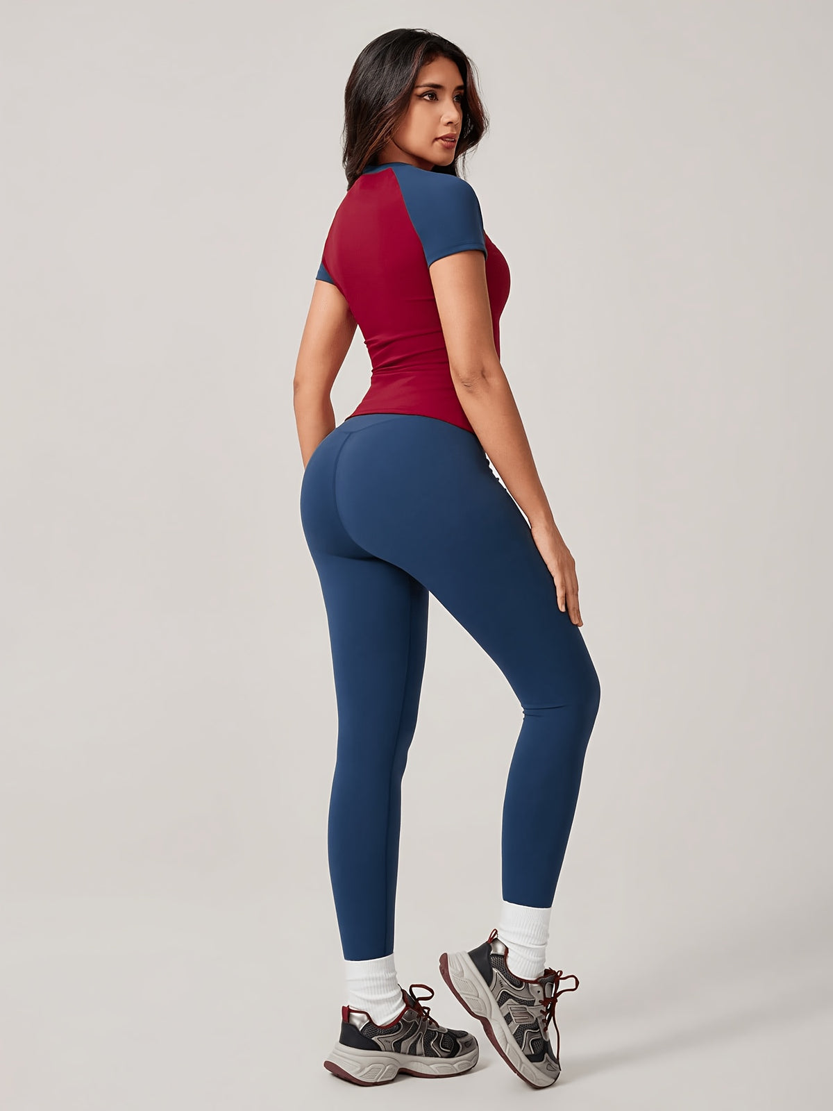 Colour Block Tee & Leggings Set - Red & Navy