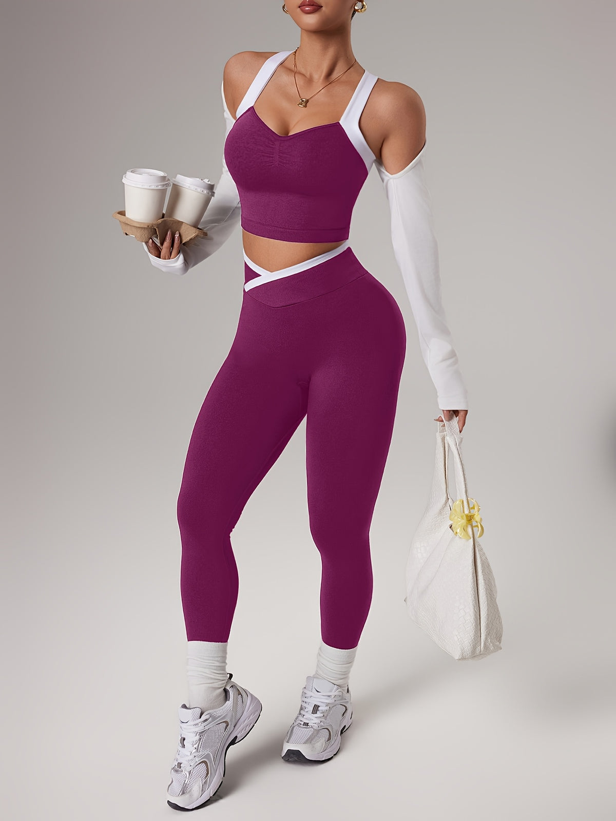 Cross Strap Bra & Leggings Set - Fuchsia