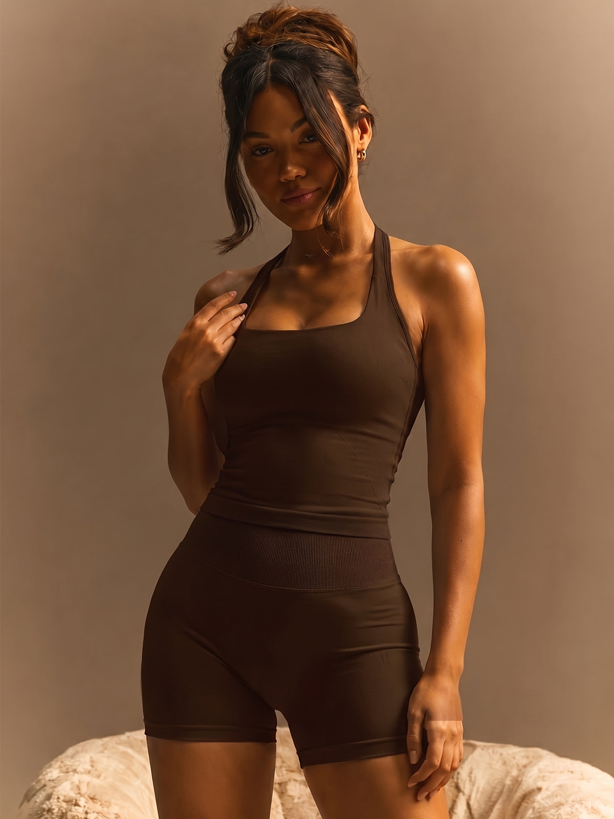 Halter Seamless Tank & Biker Shorts Set - Dark Brown
