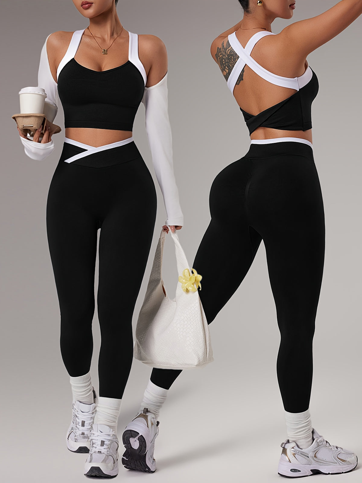 Cross Strap Bra & Leggings Set - Black