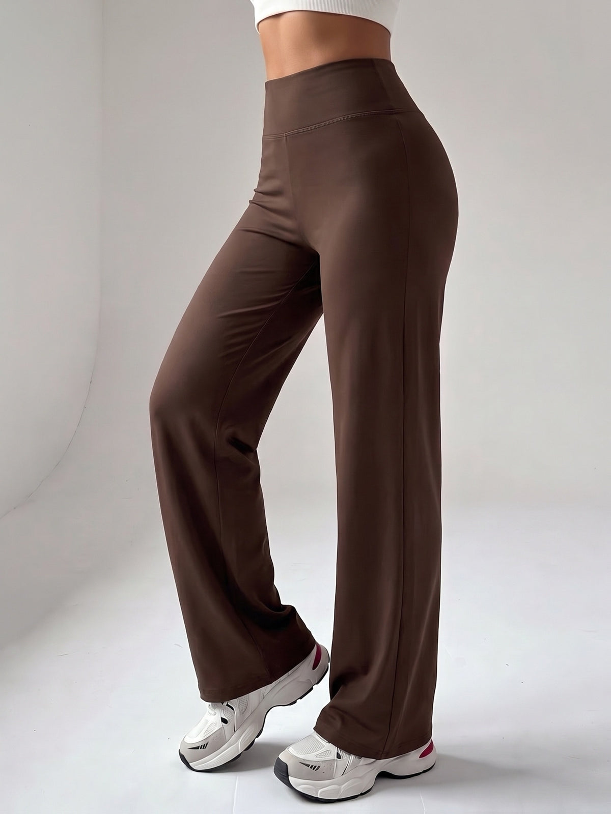 Wide Band Draped Straight Leg Pants - Coffee