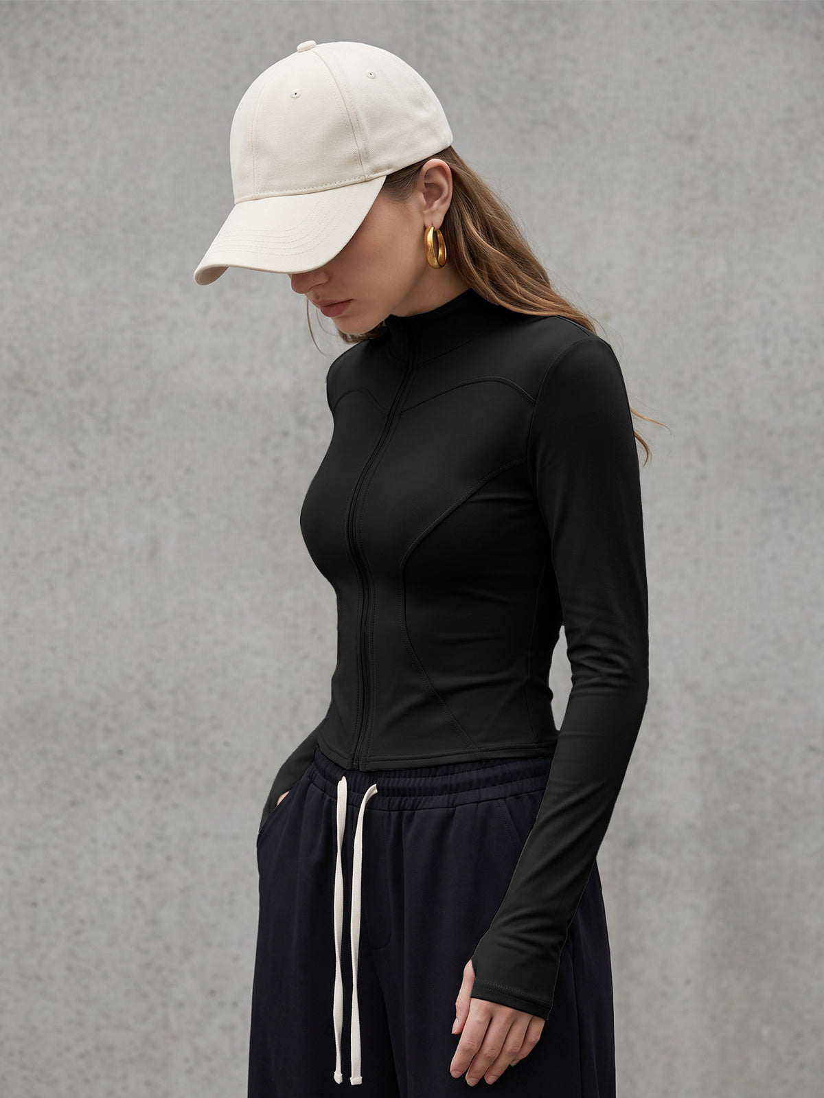 Thumbhole Stand Collar Zip Jacket - Black