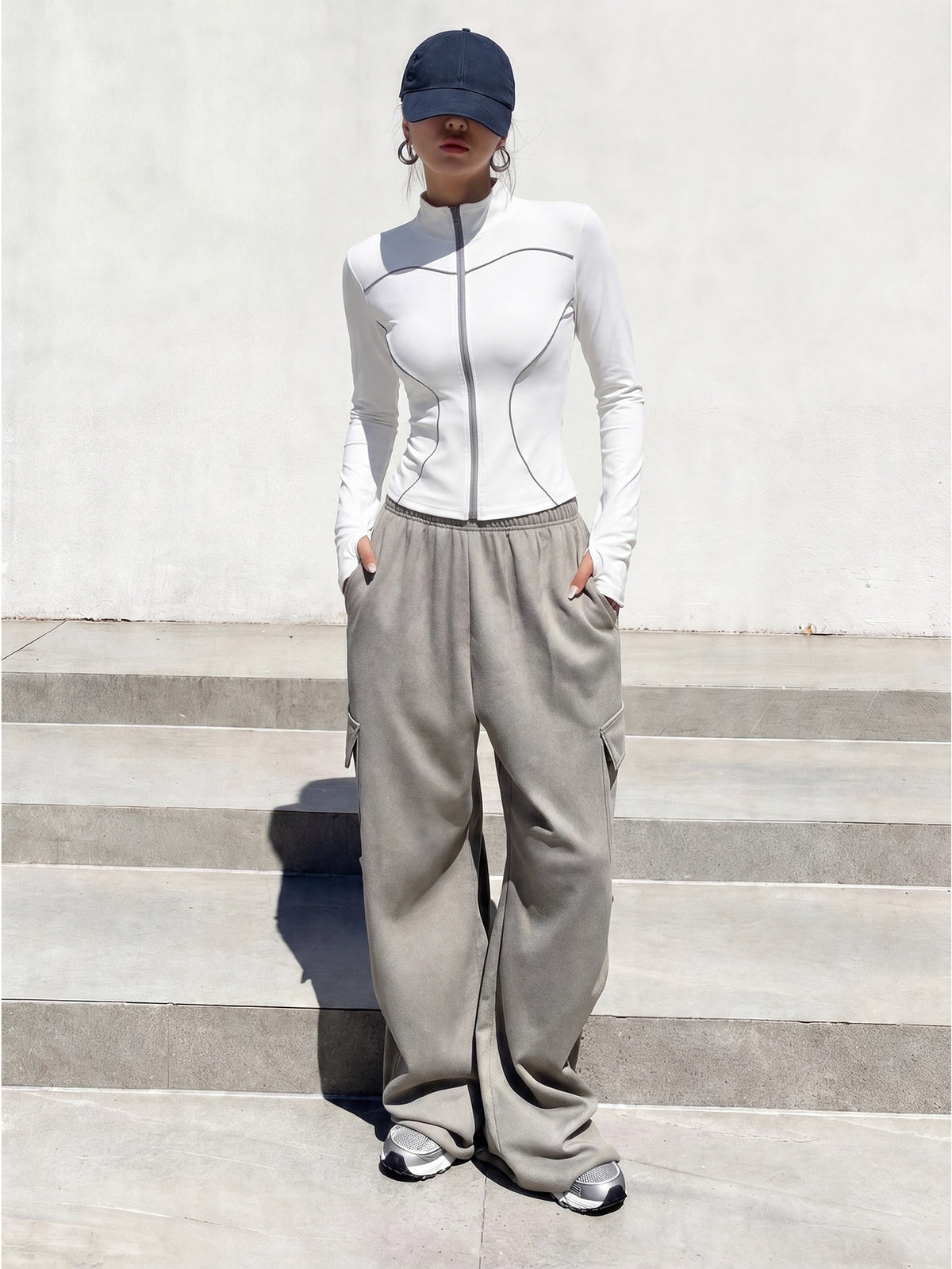 Reflective Stripe Stand Collar Jacket - White
