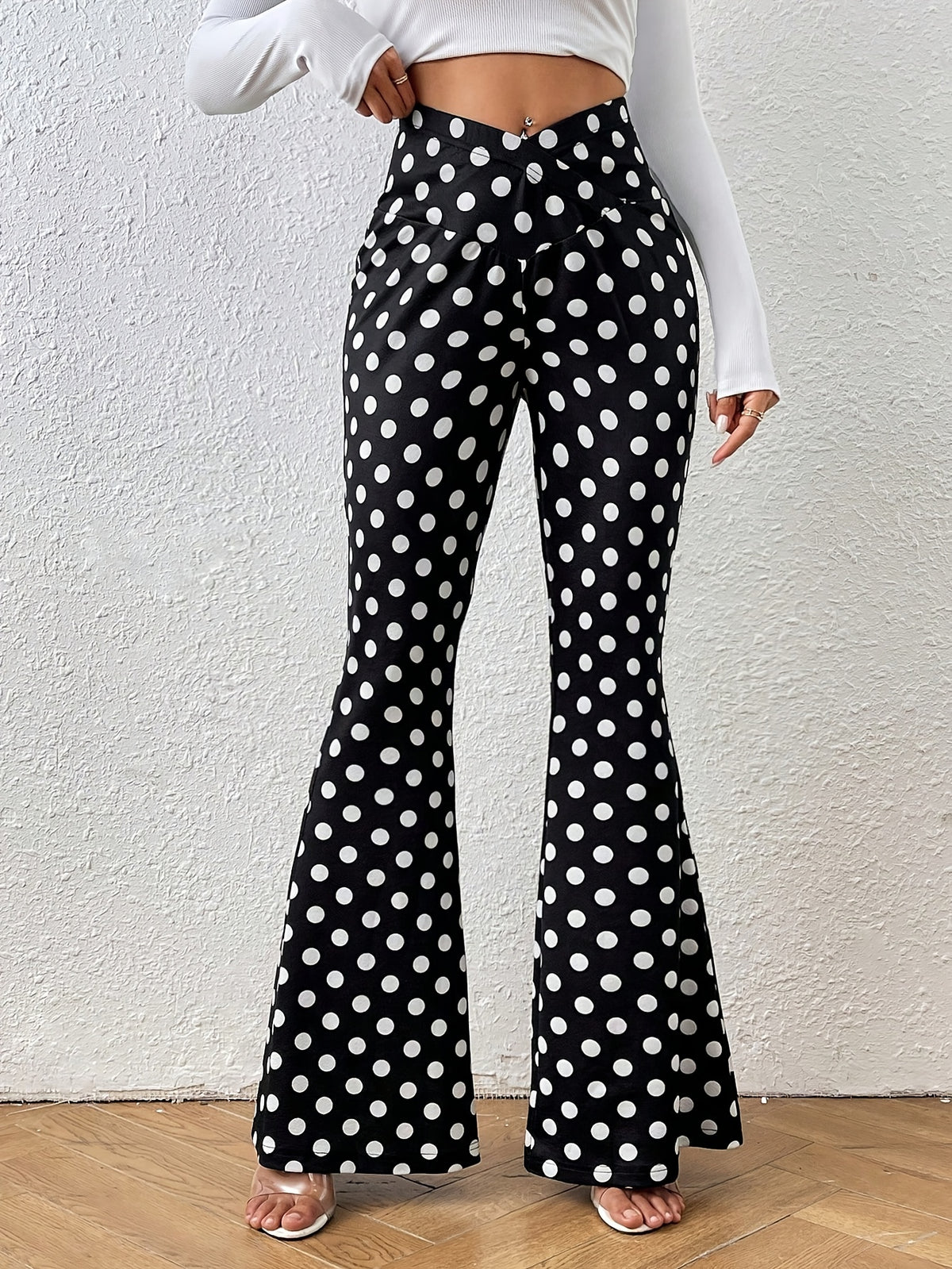 Polka Dot V Waist Flare Leggings - Black