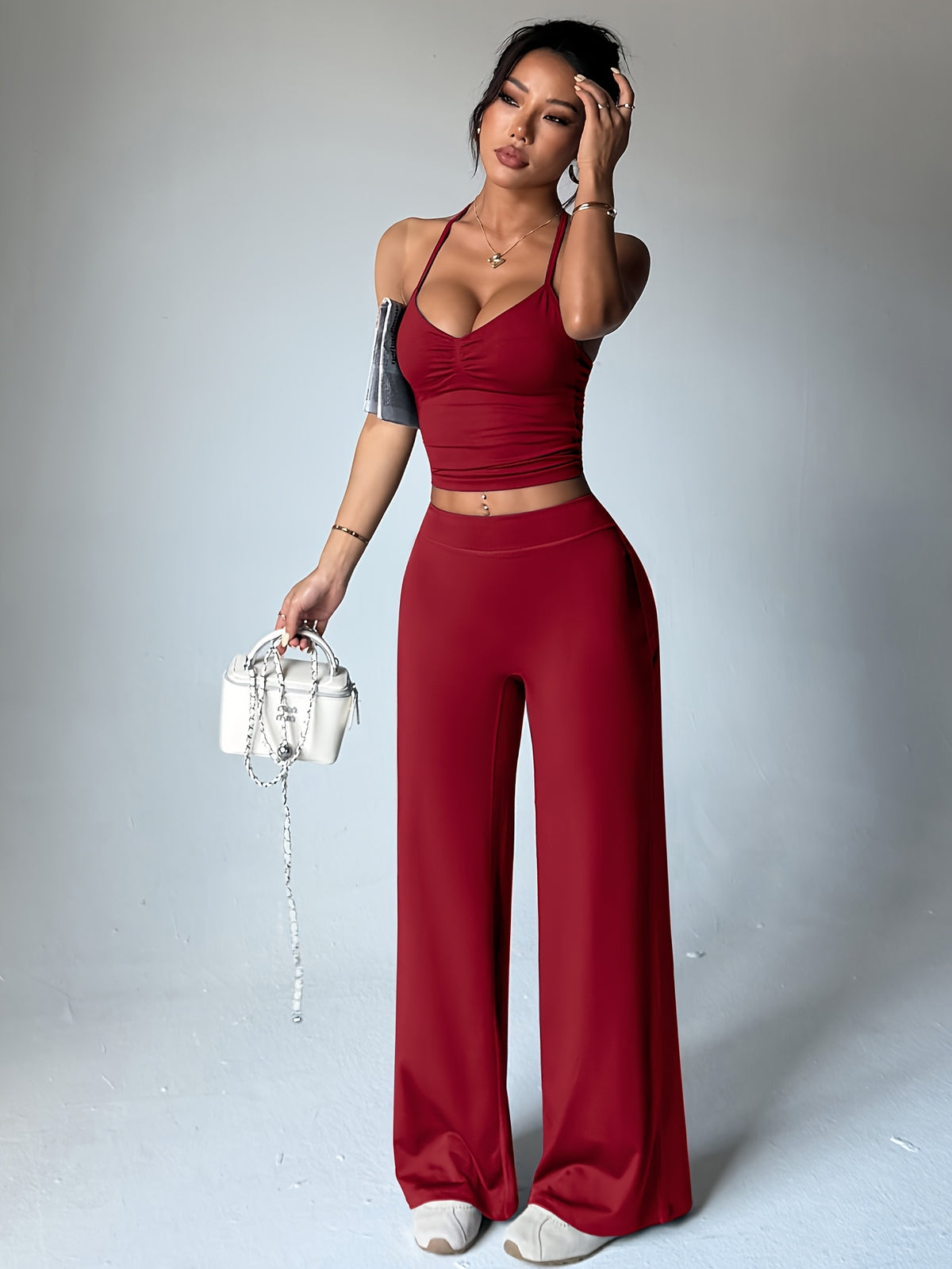 Shaper Top & Straight Leg Pants Set - Burgundy
