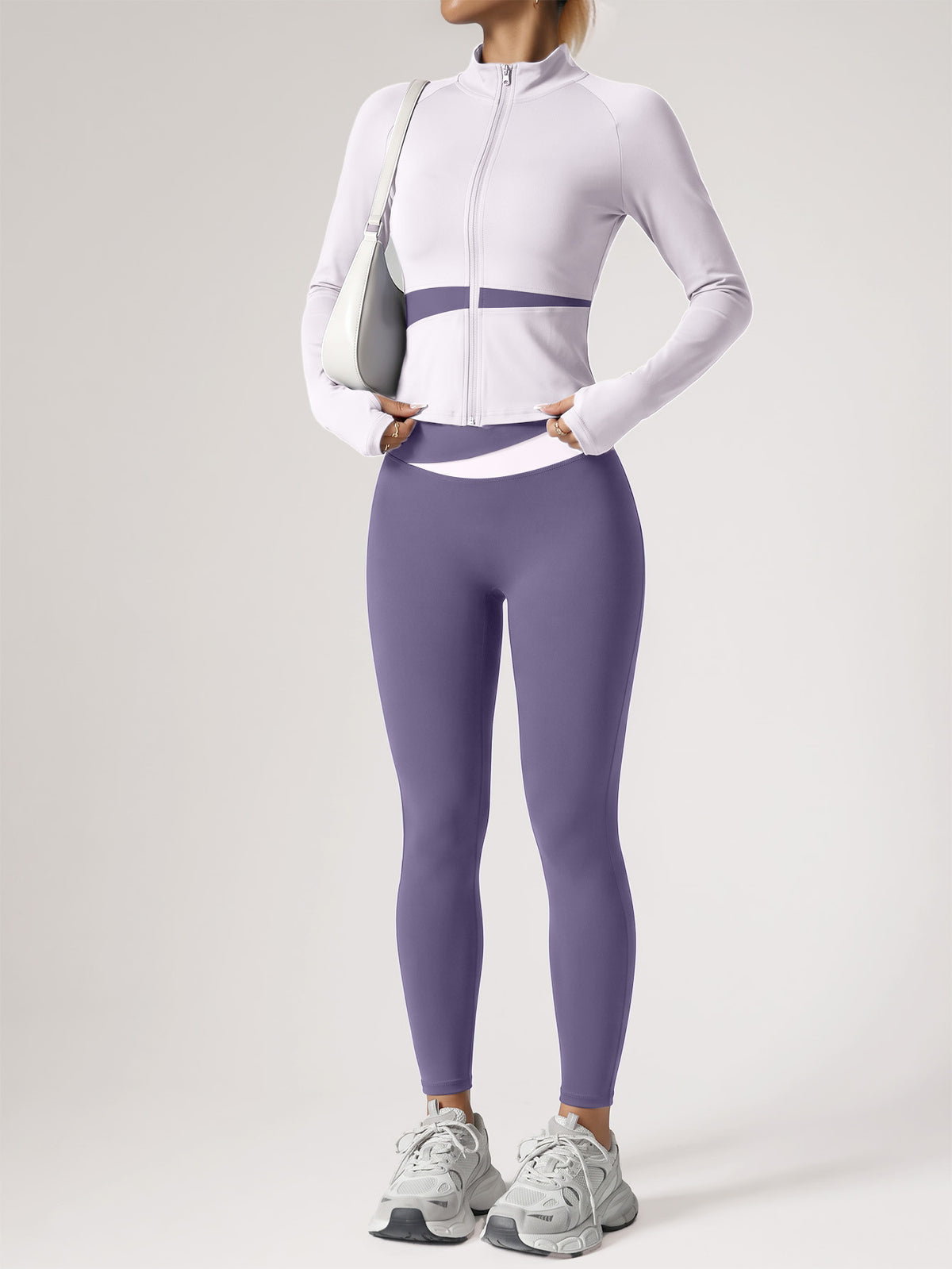 Contrast Zip Jacket & Lifting Leggings Set - Light Purple & Dark Purple
