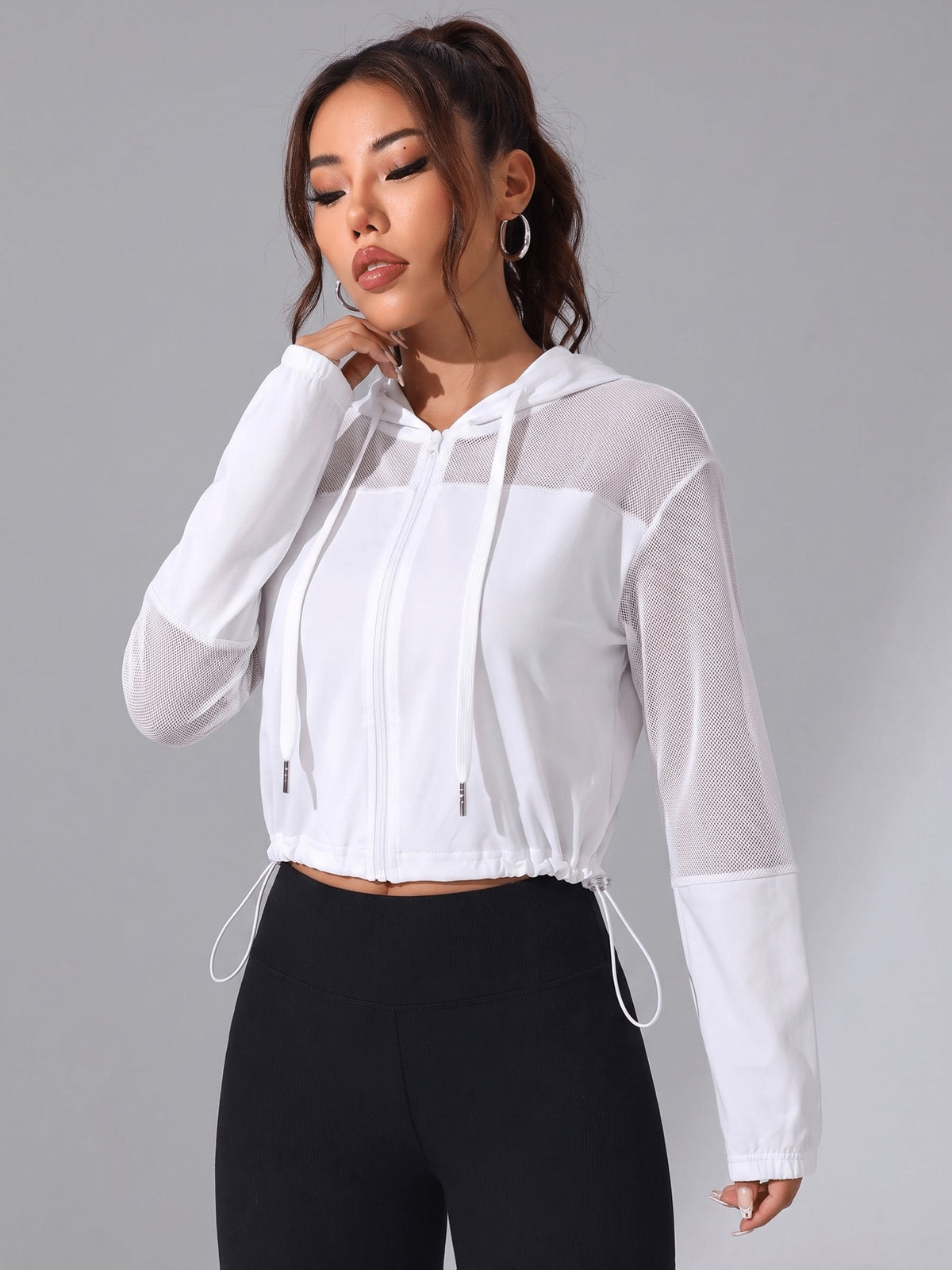 Mesh Patchwork Zip Up Hoodie - White