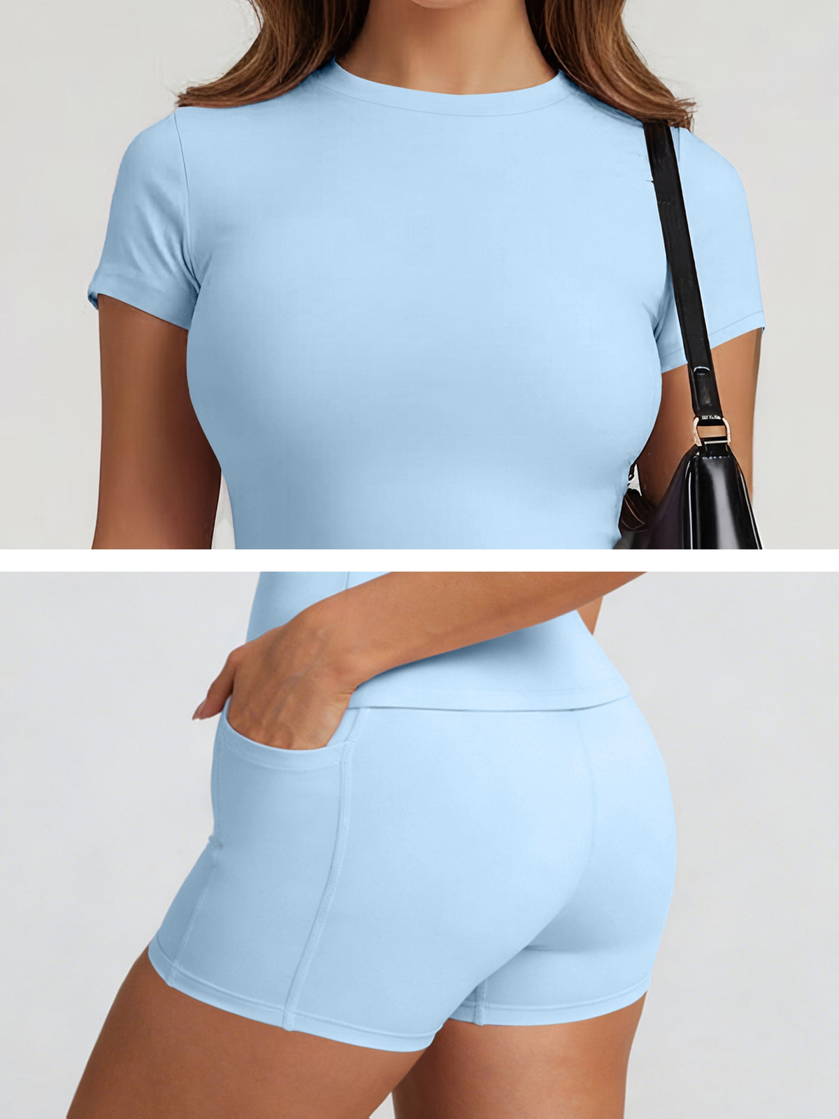 Tummy Control Top & Pocket Shorts Set - Sky Blue