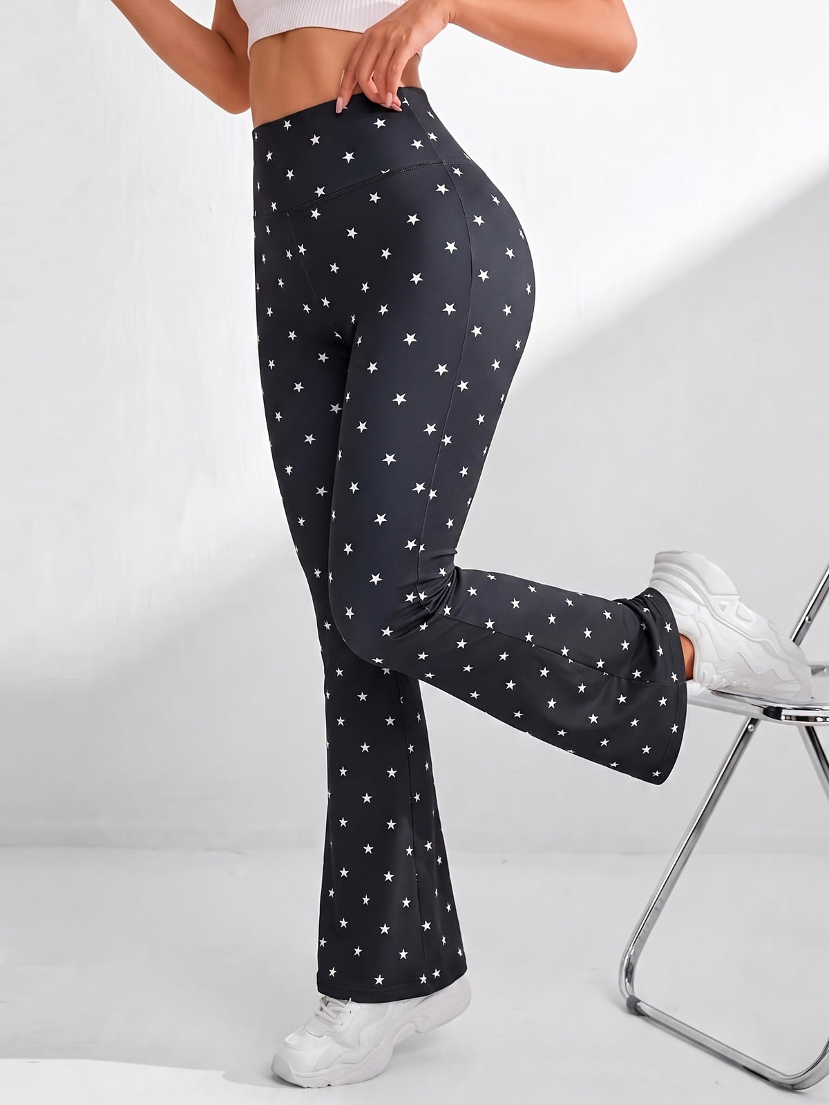 Star Print Flare Pants - Black Star