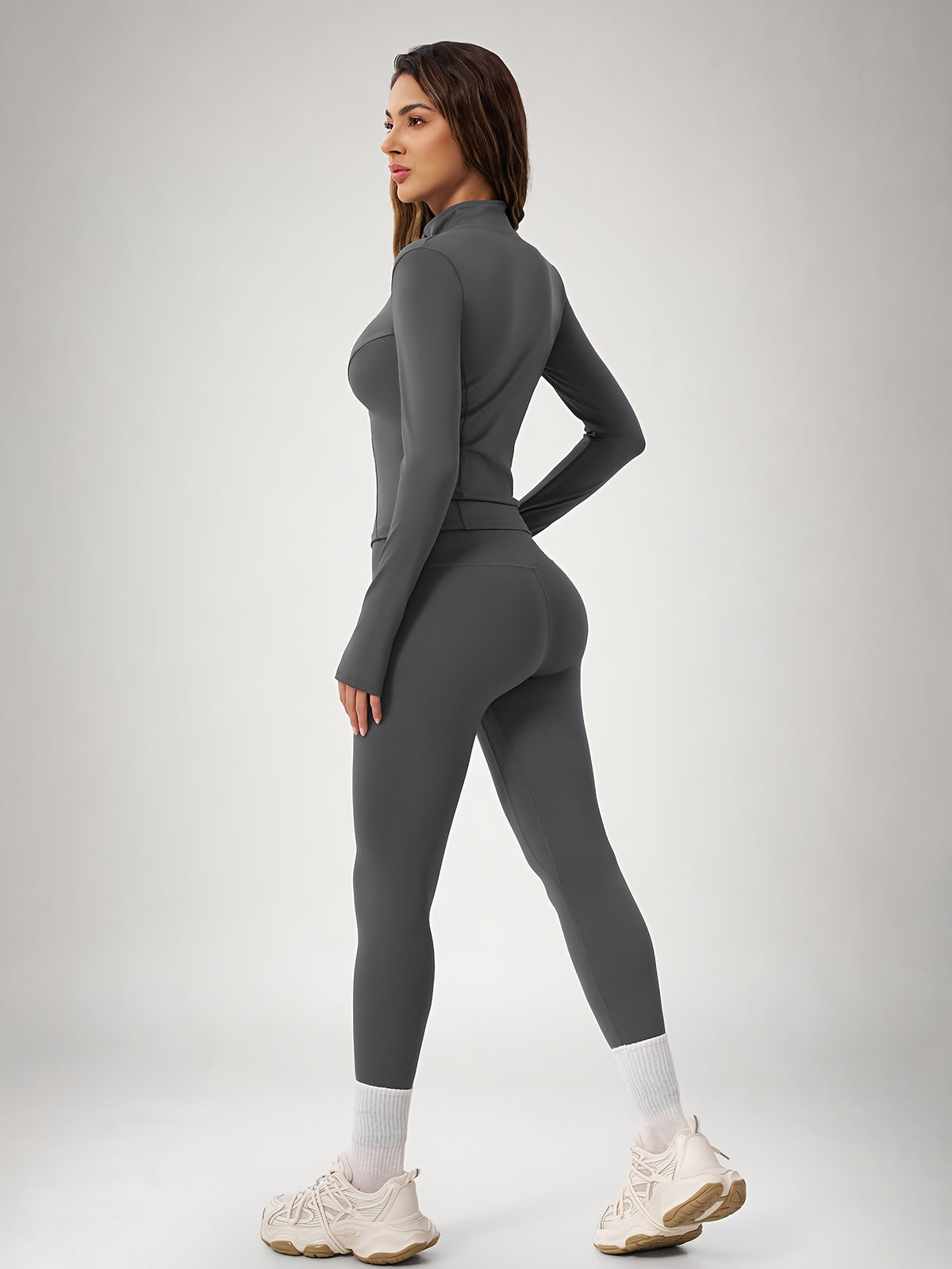 Thumbhole Cropped Zip Jacket & Leggings Set - Grey