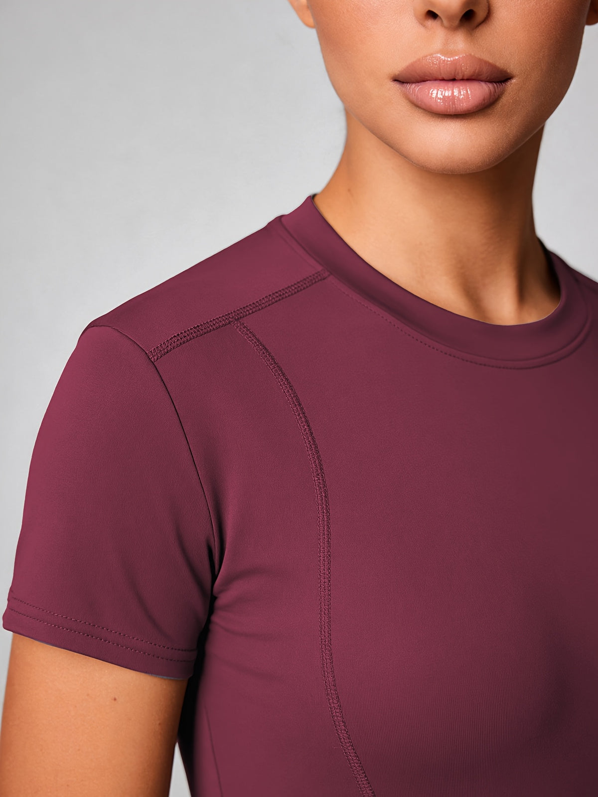Quick-Dry Round Neck Yoga Tee - Burgundy