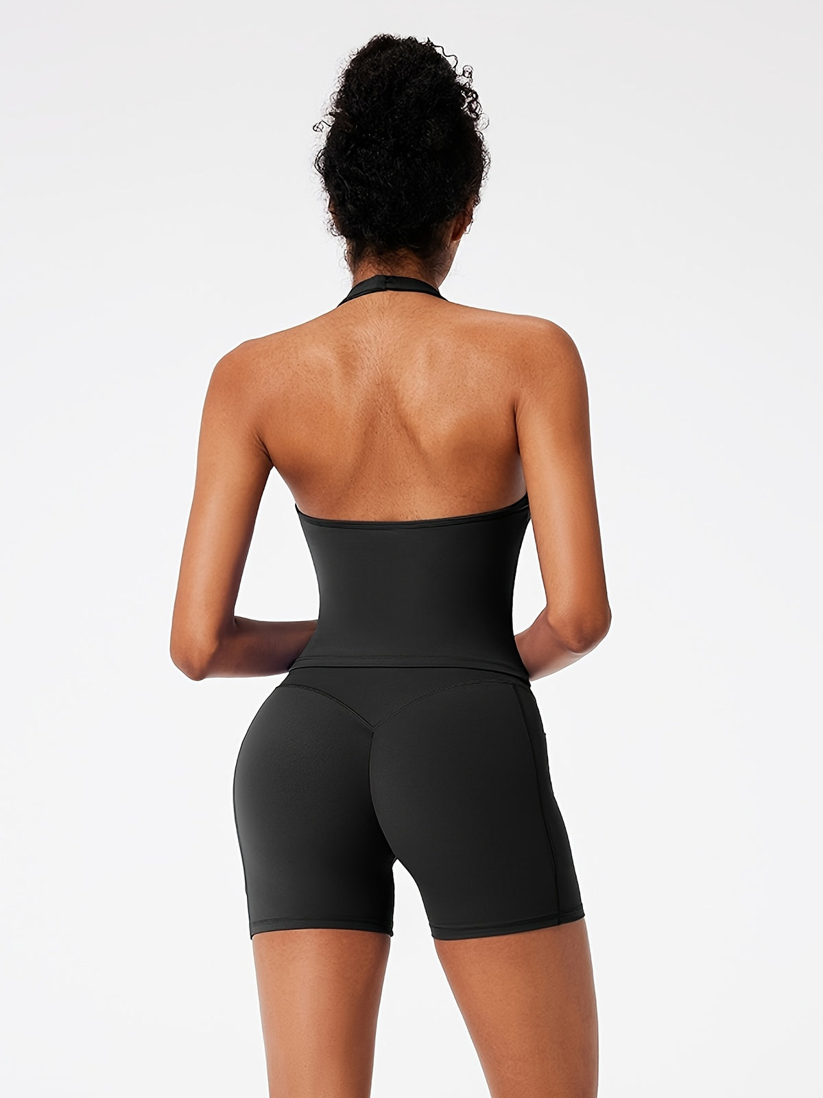 V-Neck Backless Vest & Pocket Shorts Set - Black