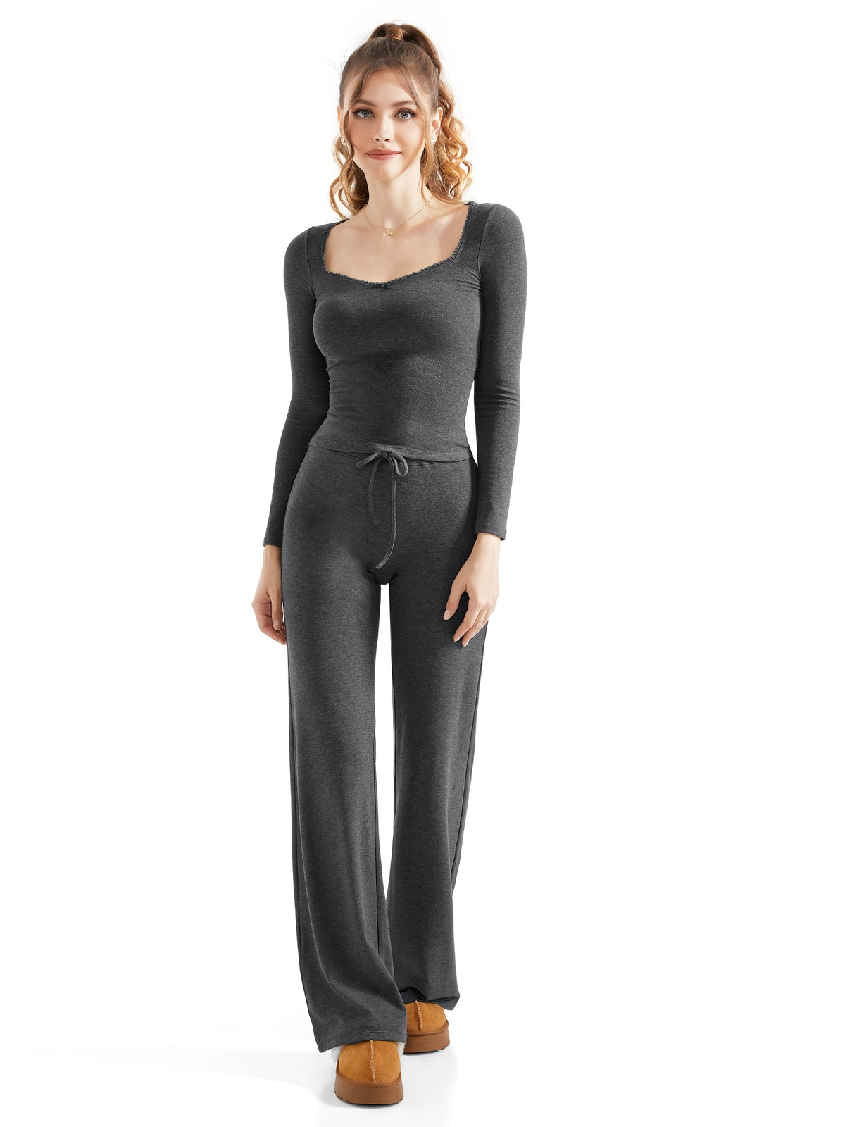 Long Sleeve Top & Straight Leg Pants Set - Dark Gray