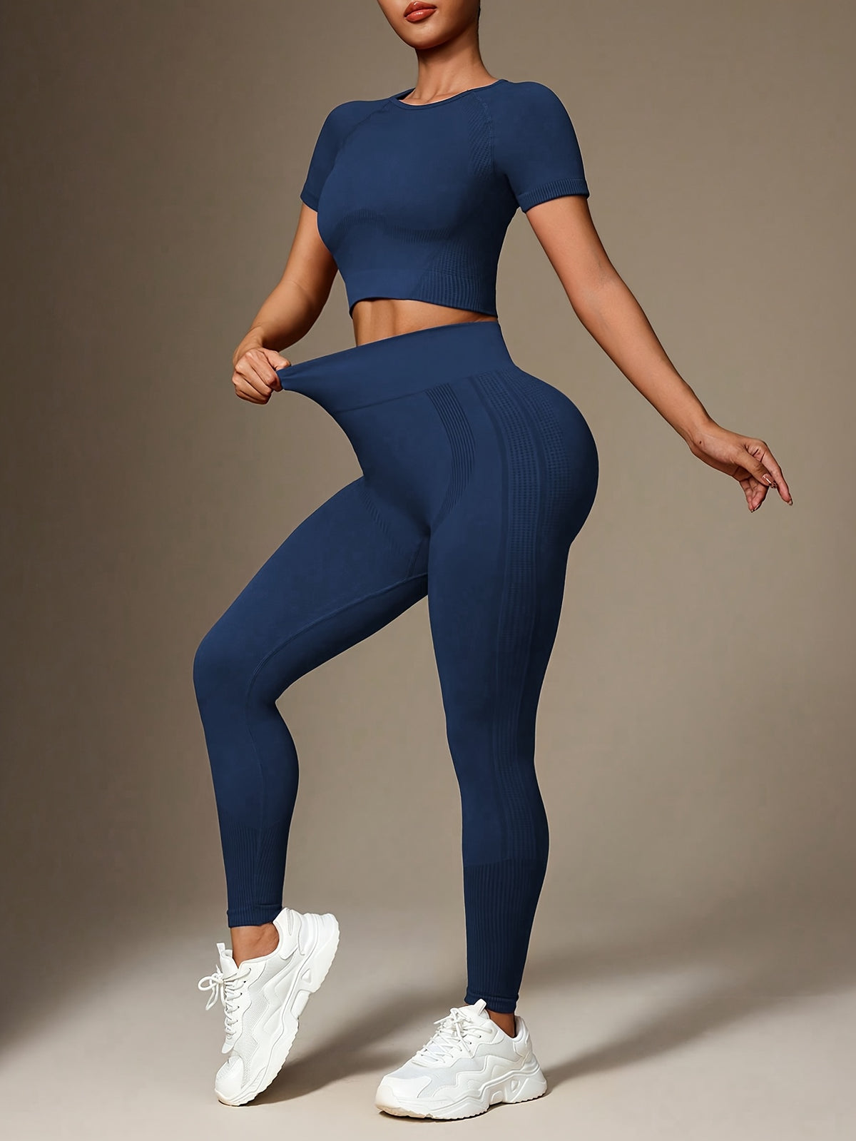Seamless High Waist Crop Top & Leggings Set - Navy