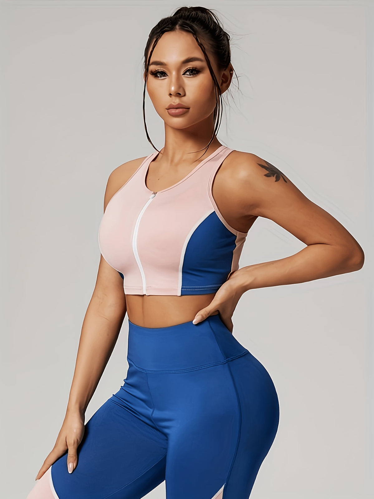 Colour Block Zip Crop Tank & Leggings Set - Blue Pink