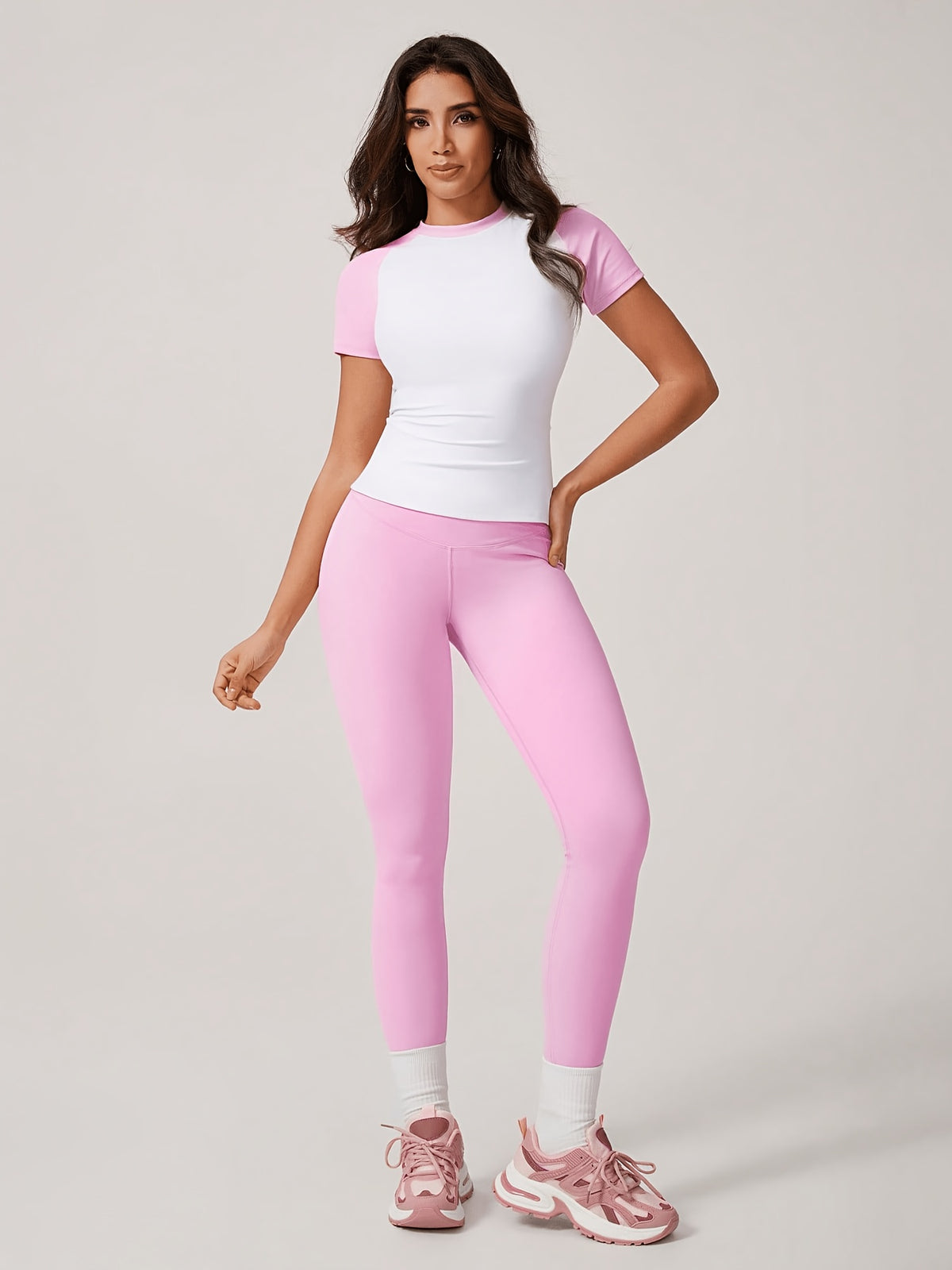 Colour Block Tee & Leggings Set - Pink & White