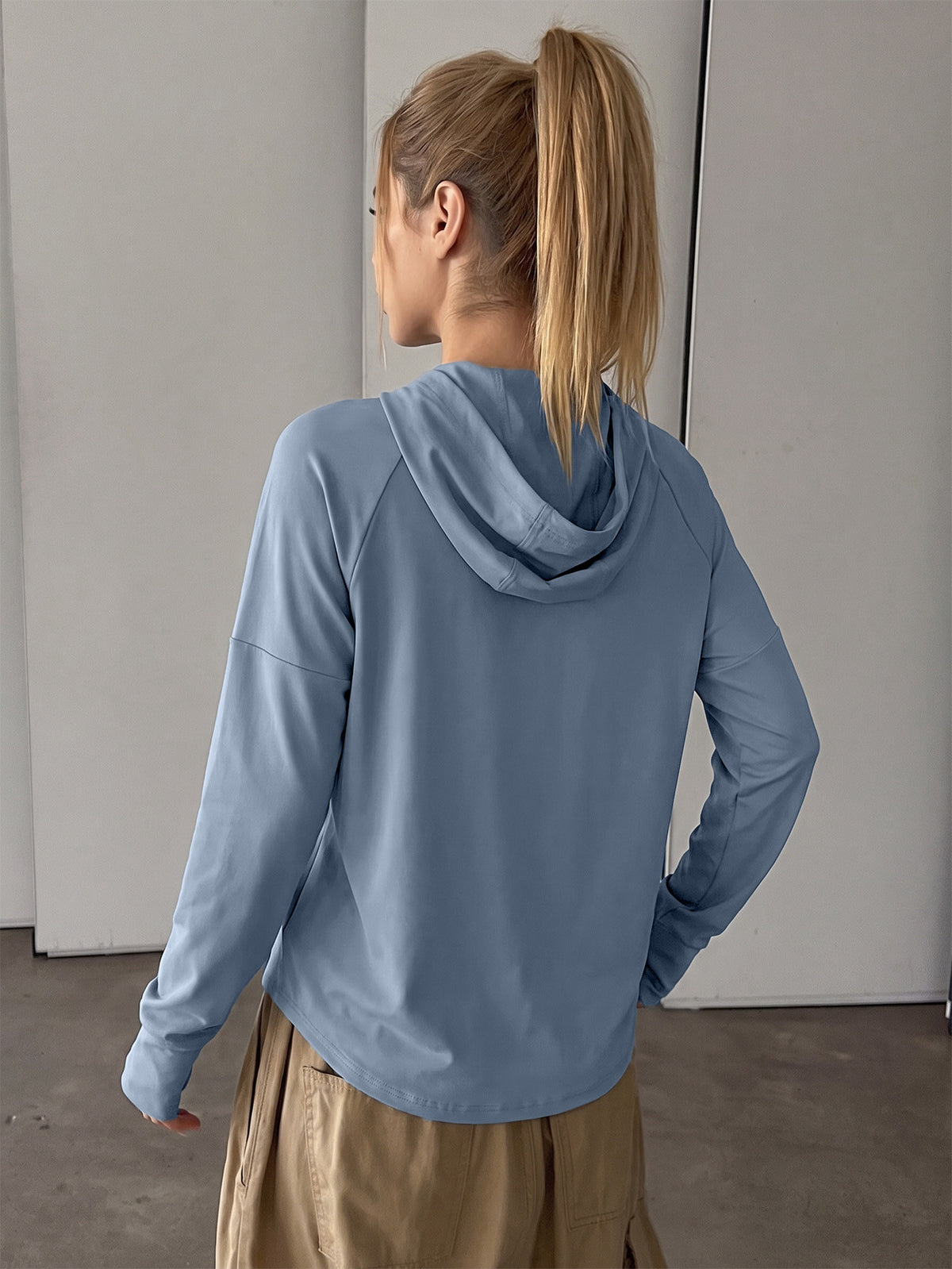 Longline Hooded Thumb Loop Jacket - Lake Blue