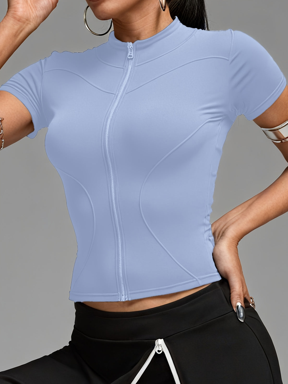 Short Sleeve Cropped Zip Jacket - Light Blue