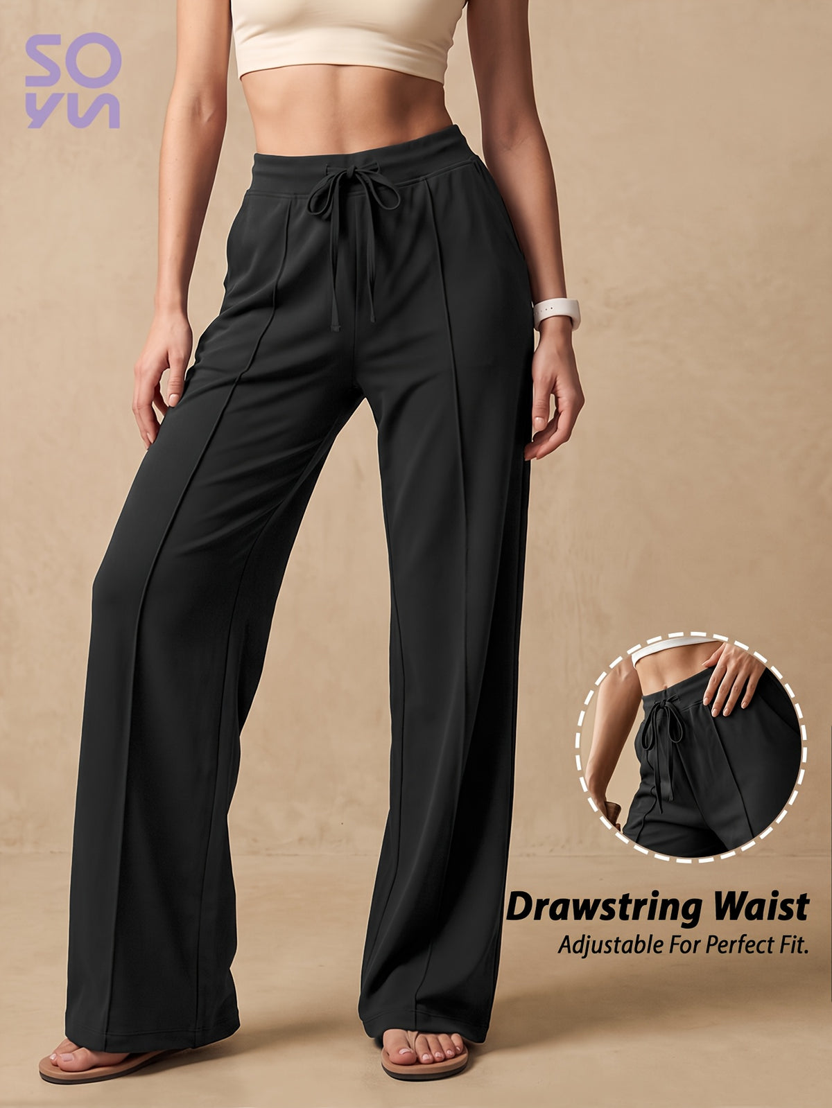 Drawstring Wide Leg Pocket Yoga Pants - Black