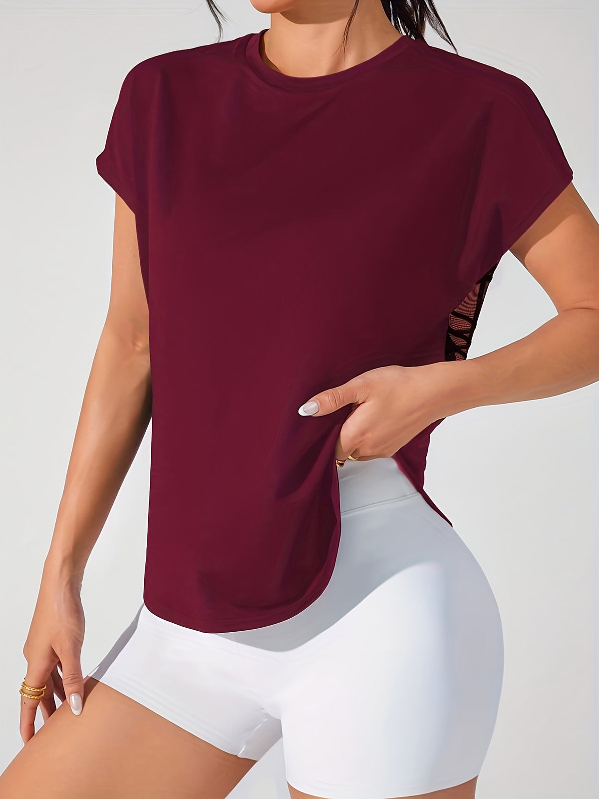 Geometric Mesh Back Sports Tee - Burgundy