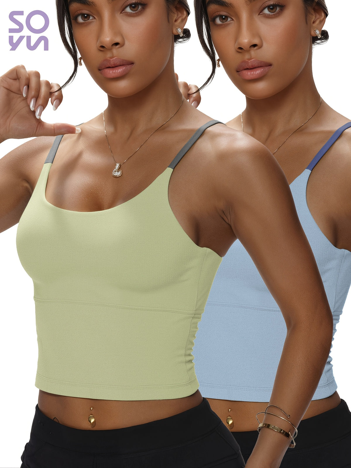 2 Pack Color Block Padded Tank Tops - Green & Blue