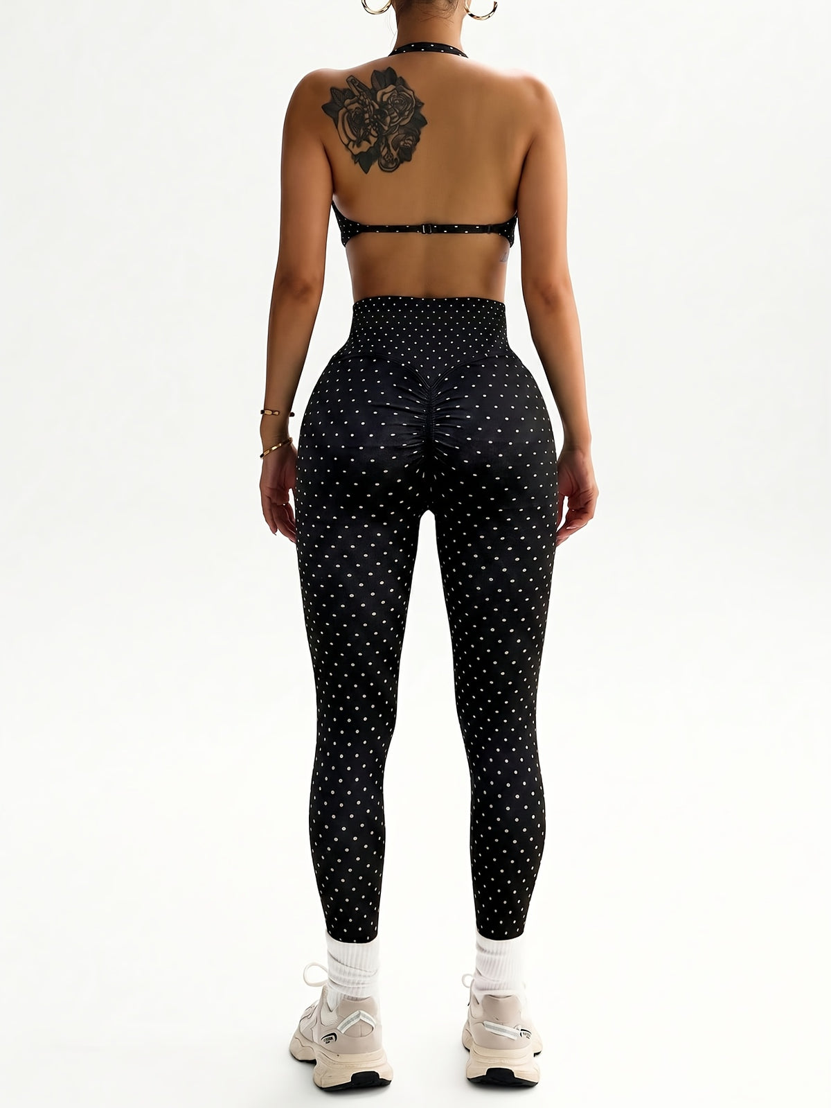 Polka Dot Halter Bra & Leggings Set - Black