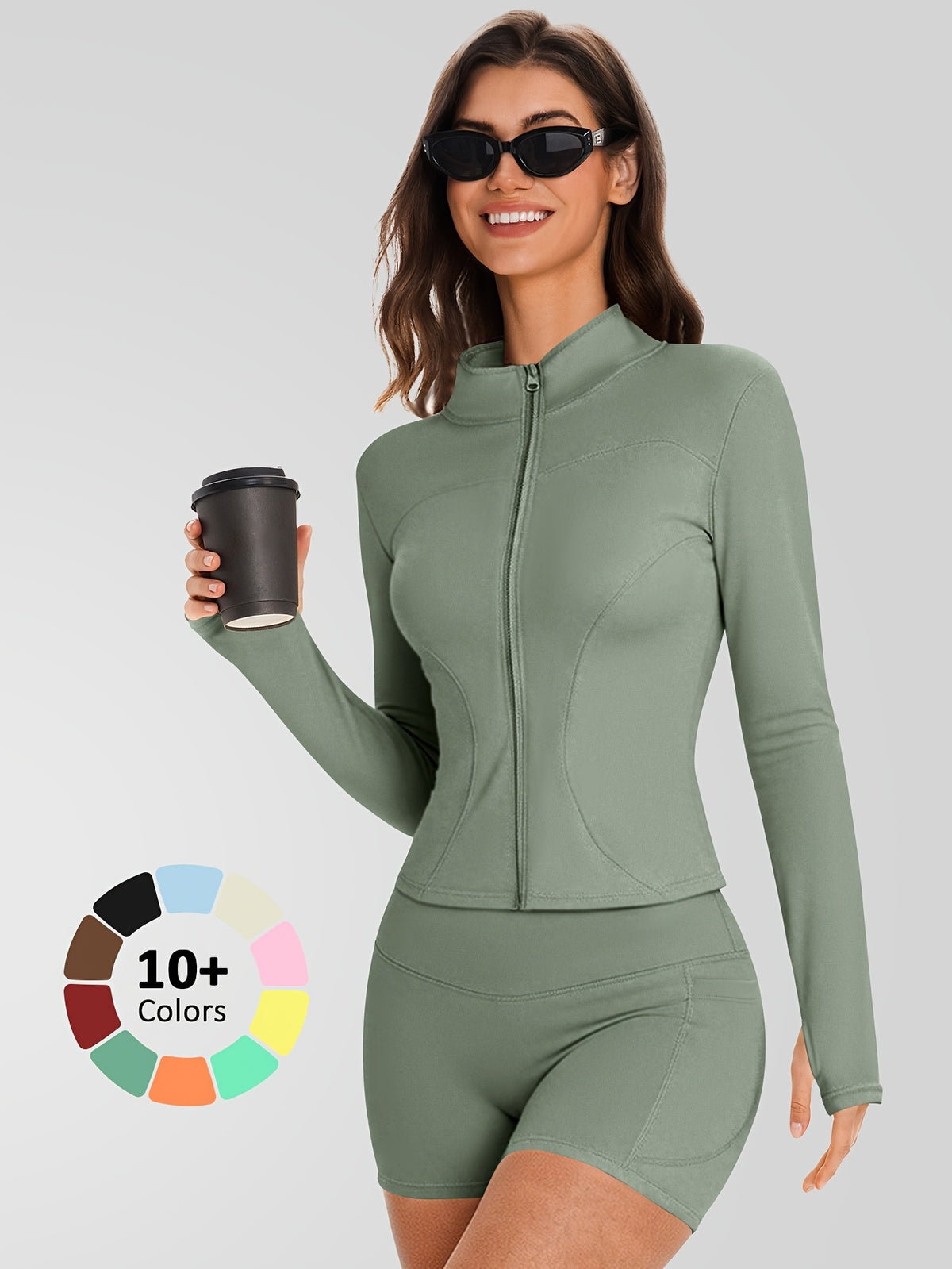 Zip Jacket & Pocket Shorts Set - Sage Green