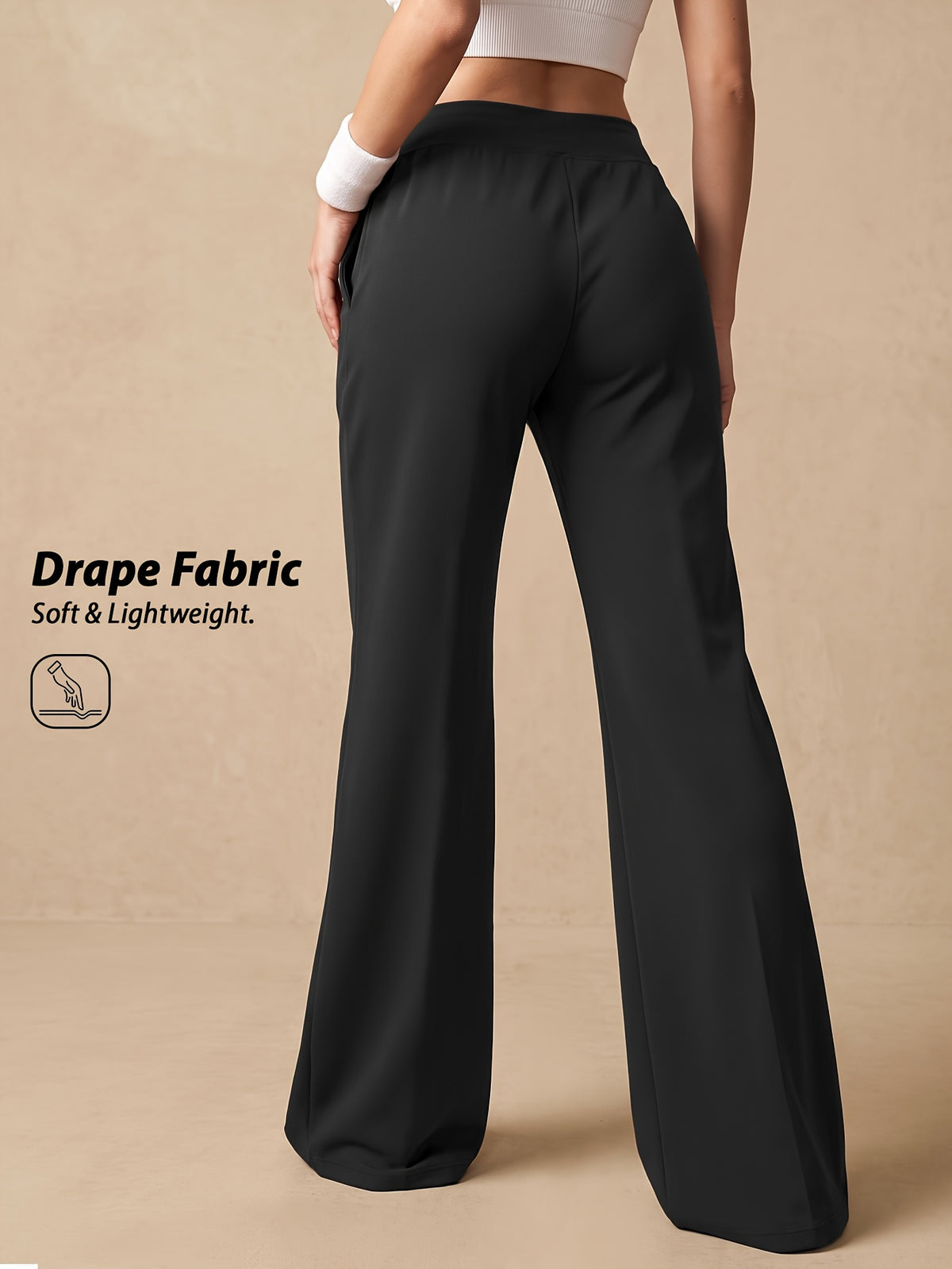 Drawstring Wide Leg Pocket Yoga Pants - Black