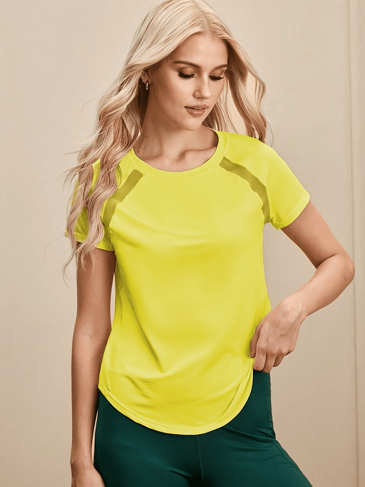 Mesh Spliced Quick-Dry Sports Tee - Greenish Yellow
