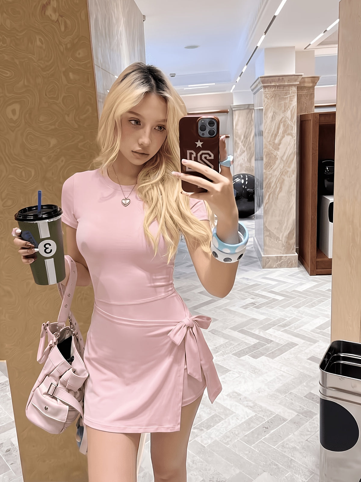 Bow Front Short Sleeve Dress - Pink