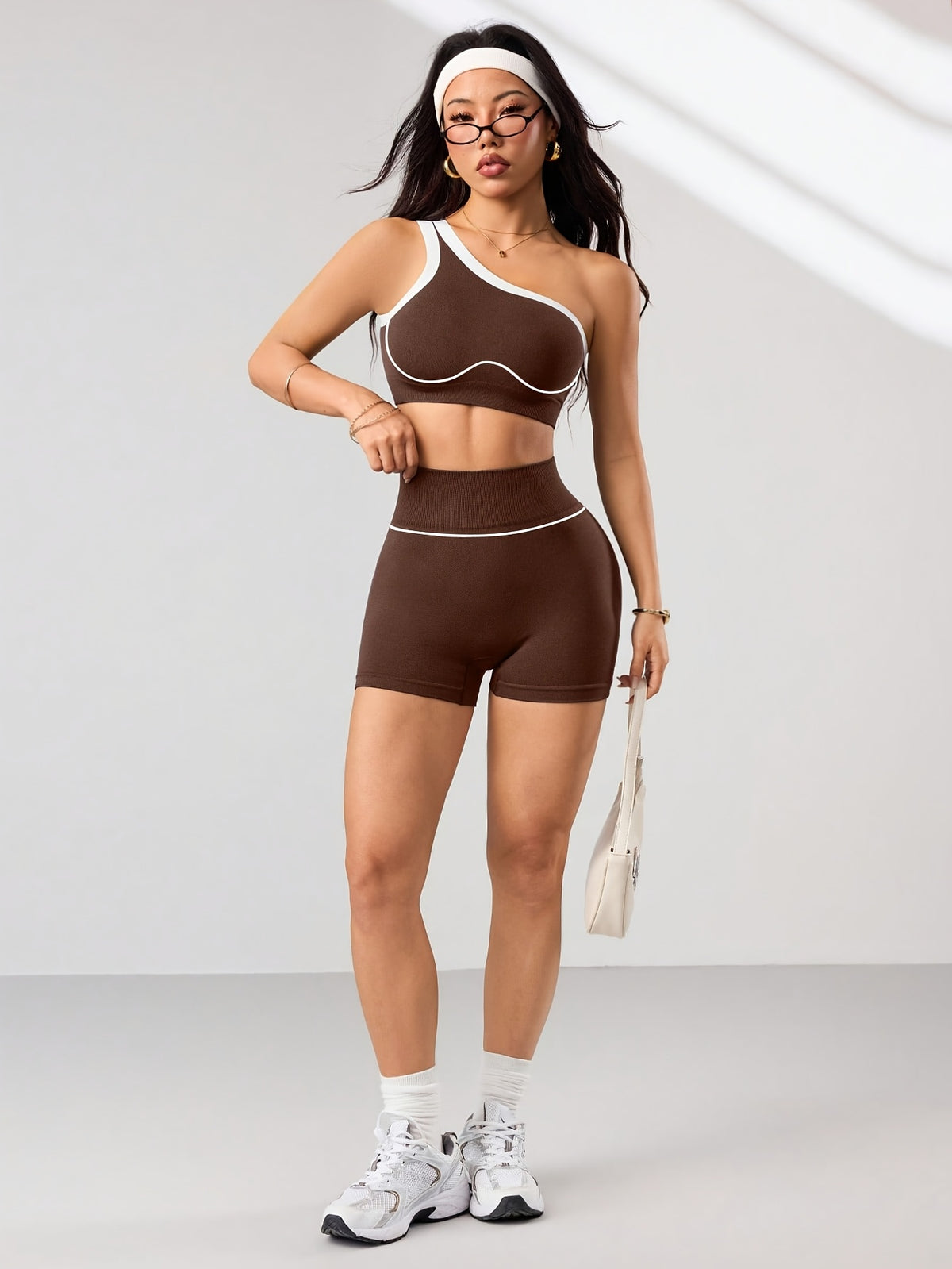 One Shoulder Bra & Shorts Set - Brown