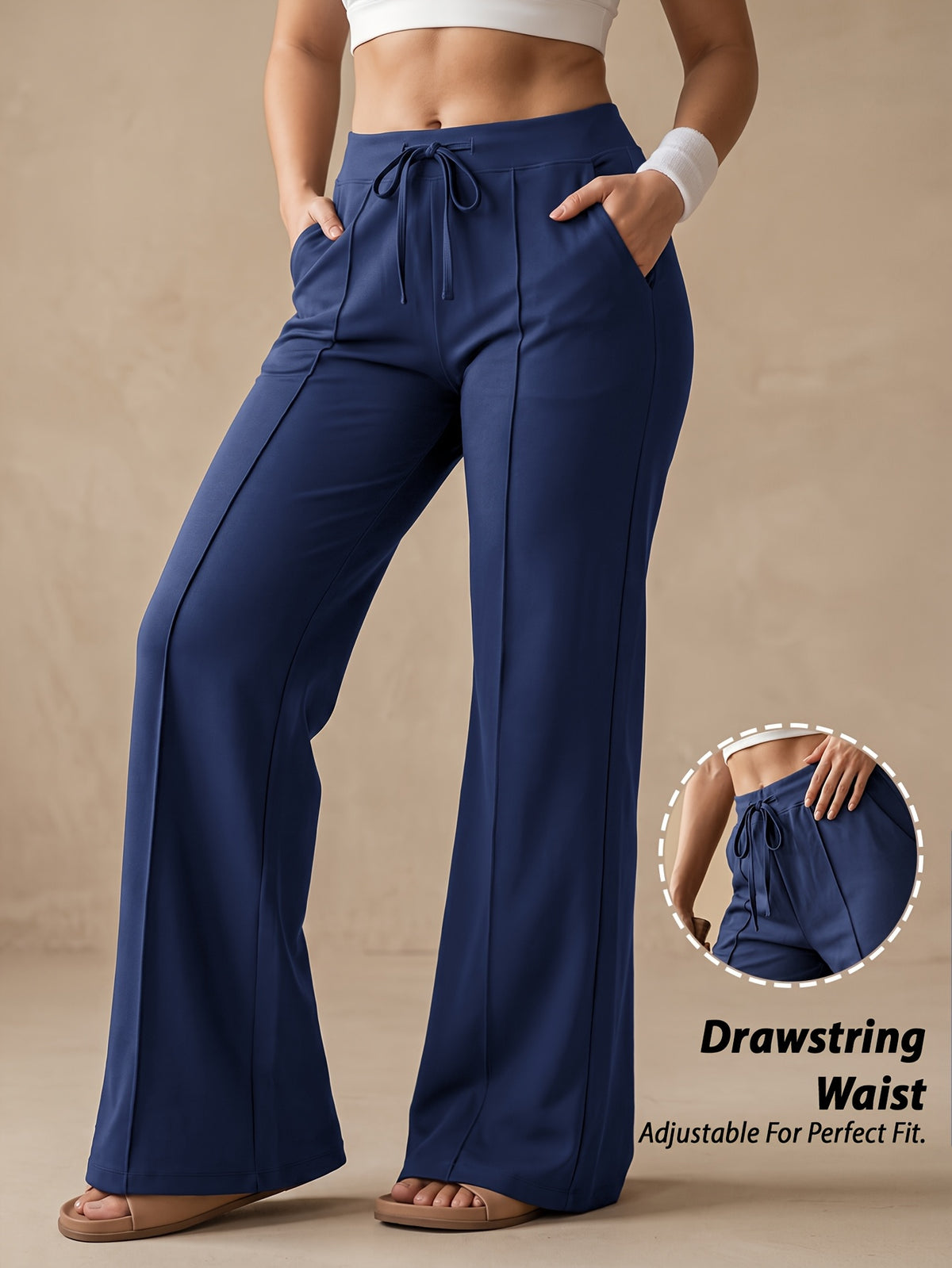 Drawstring Wide Leg Pocket Yoga Pants - Navy
