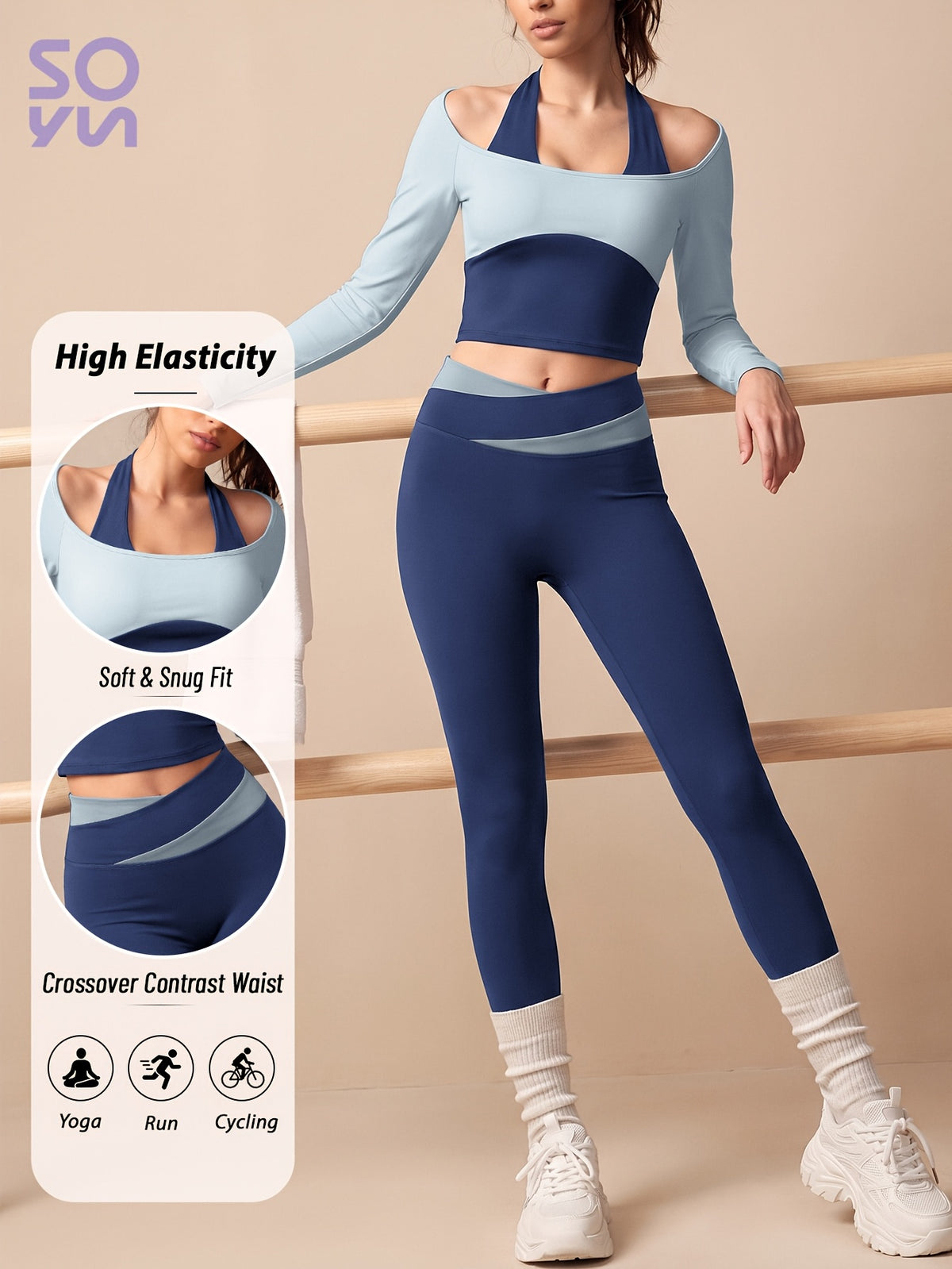 Halter Layered Top & Color Block Leggings Set - As Shown