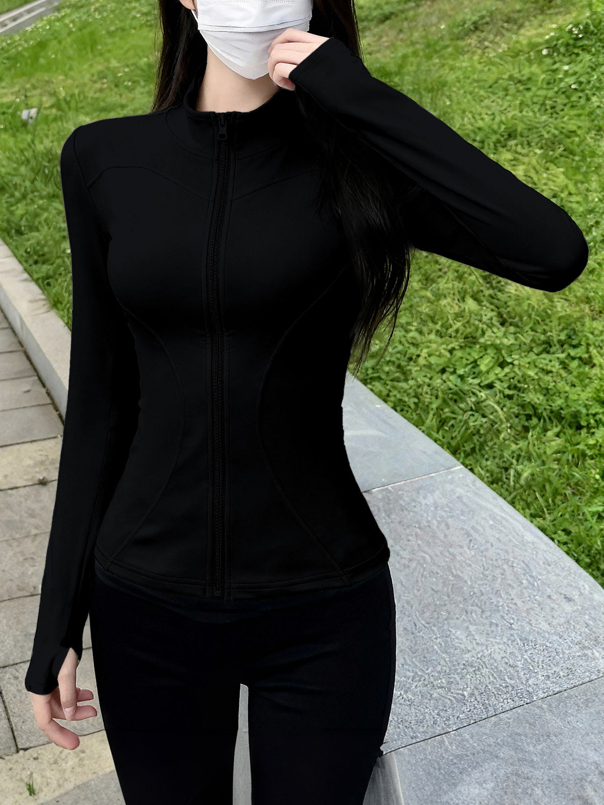 Stand Collar Slim Running Jacket - Black