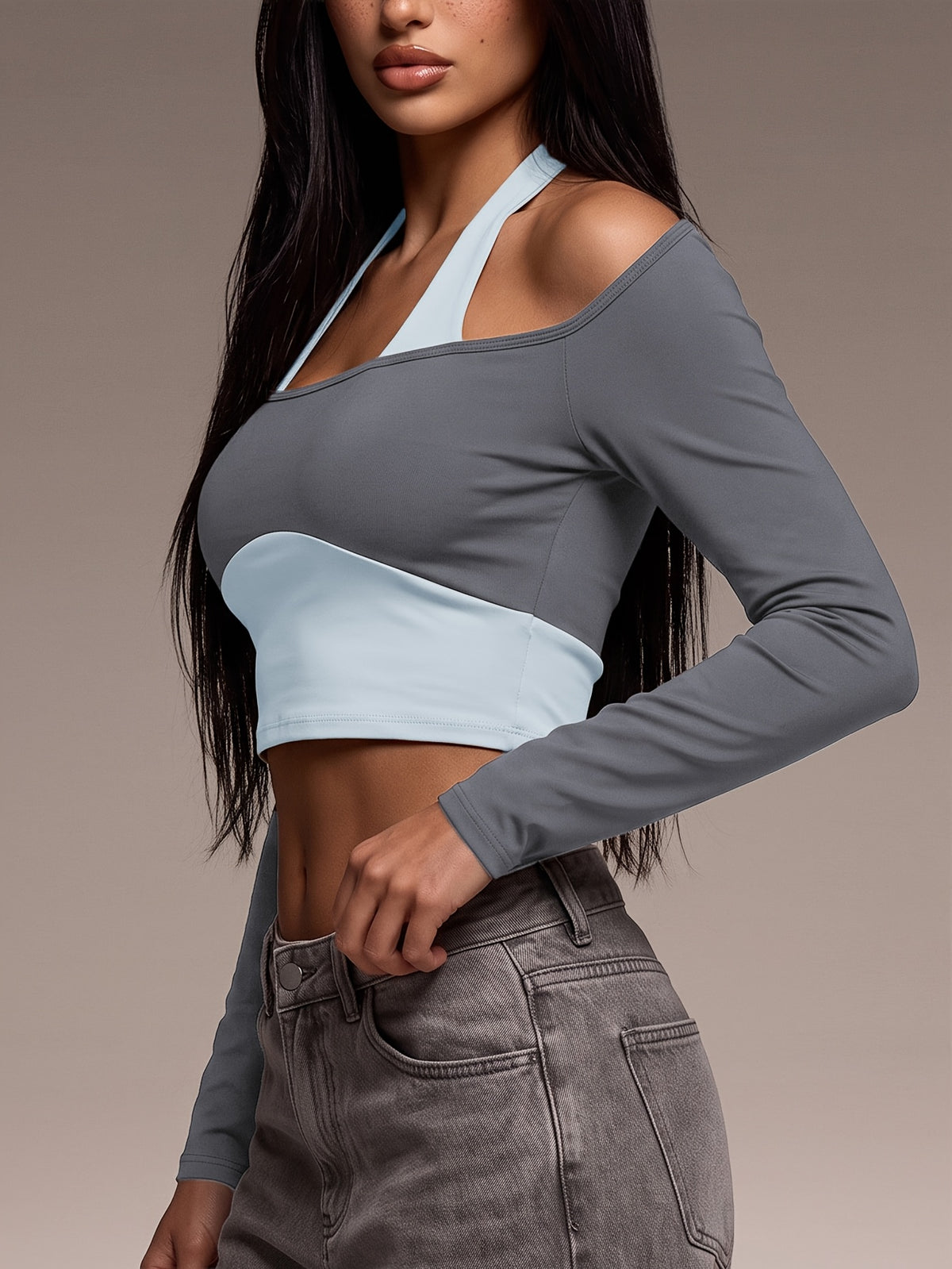 Off Shoulder Layered Crop Top - Grey