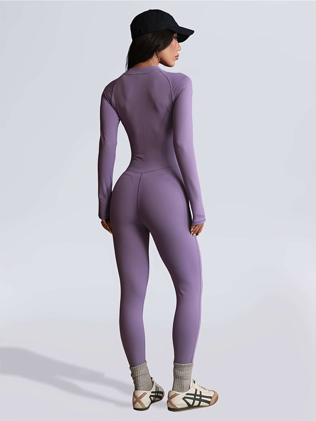 Zip Up Long Sleeve Jumpsuit - Purple