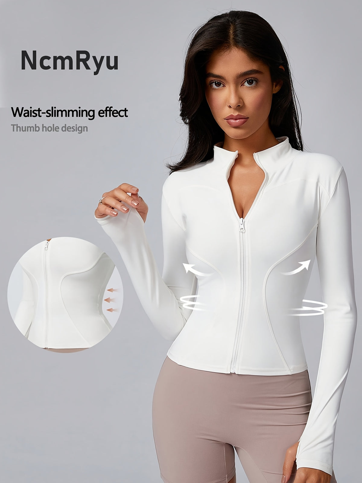 Stand Collar Thumbhole Zip Top - White